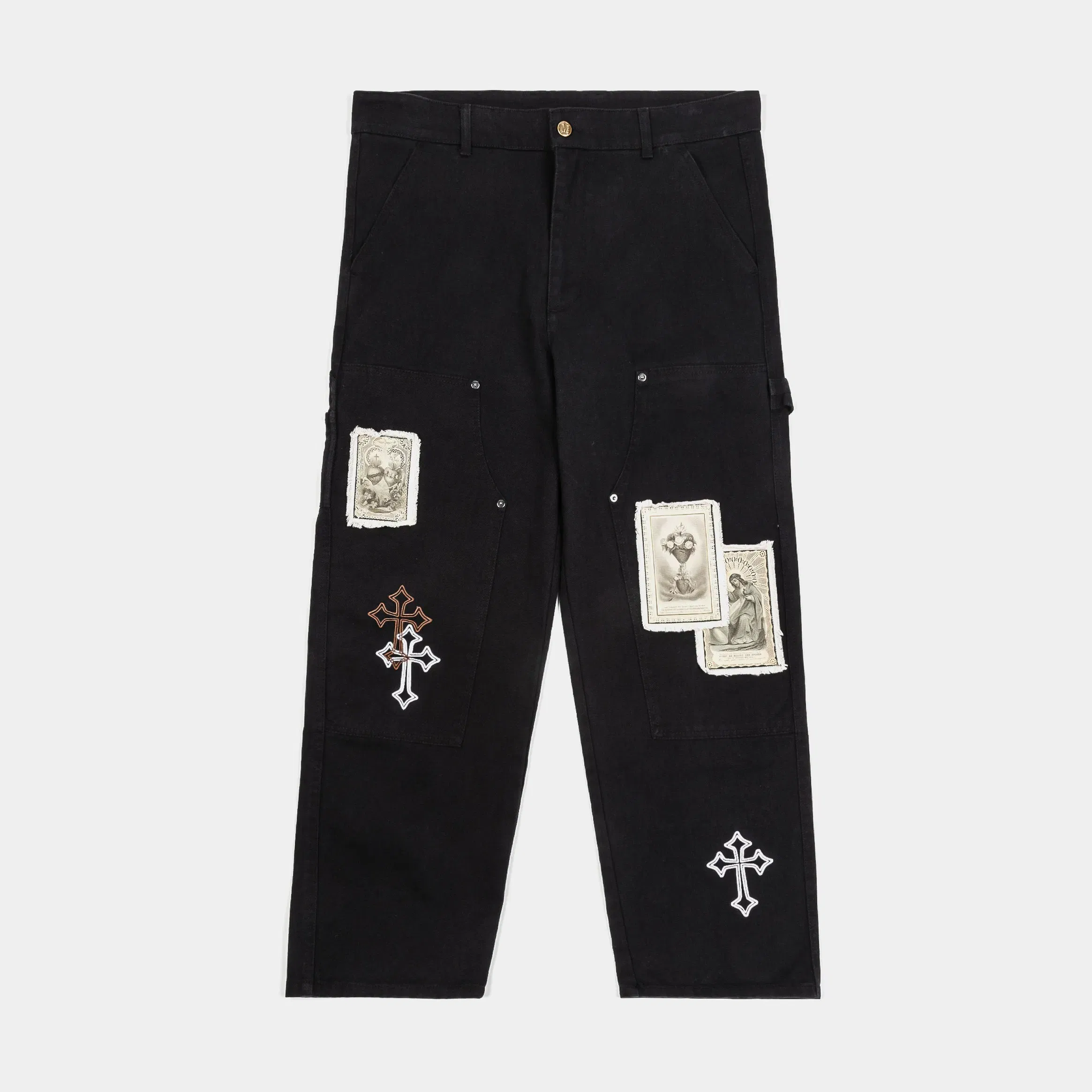 CTHDRL Crosses Patched Denim Mens Pants (Black/White)
