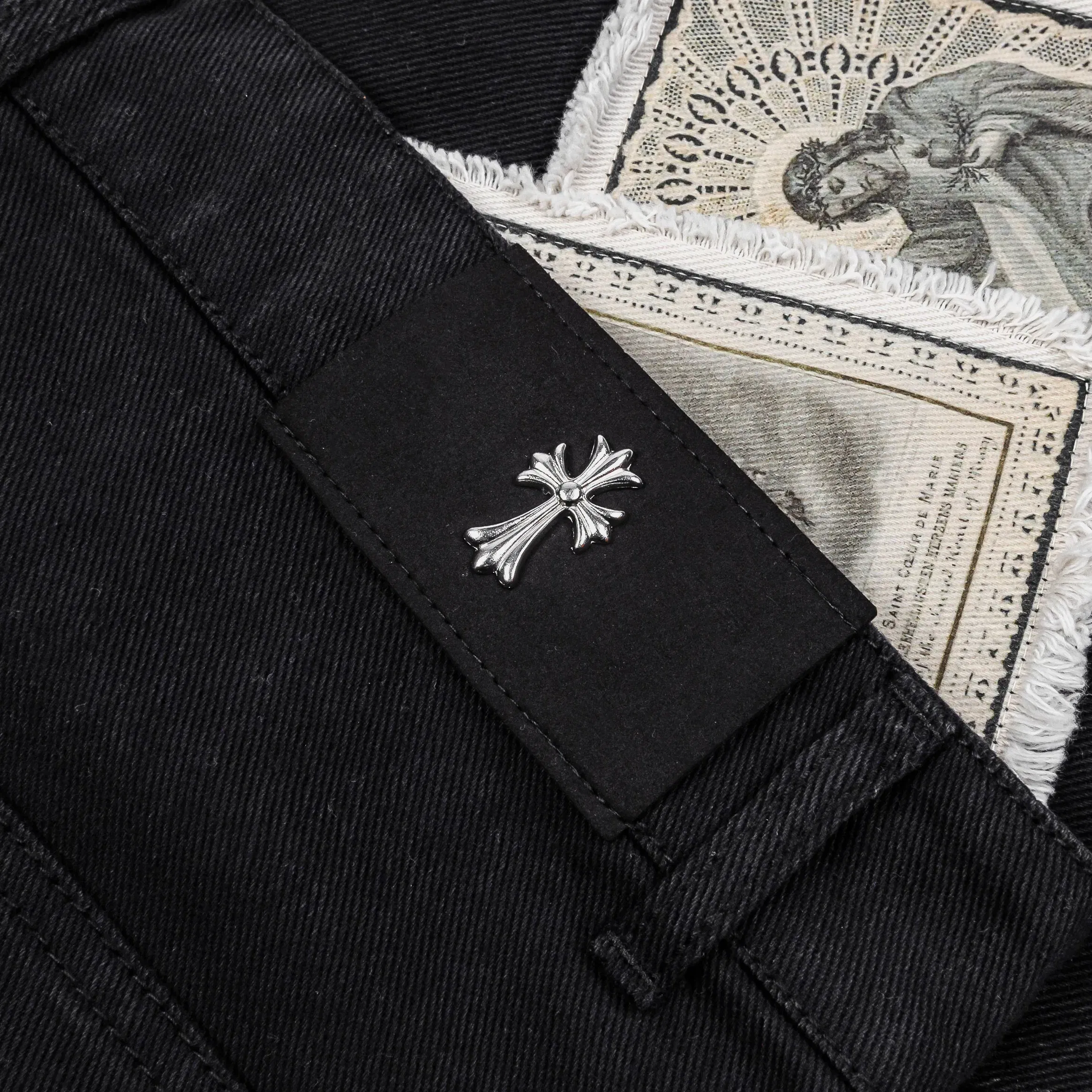 CTHDRL Crosses Patched Denim Mens Pants (Black/White)