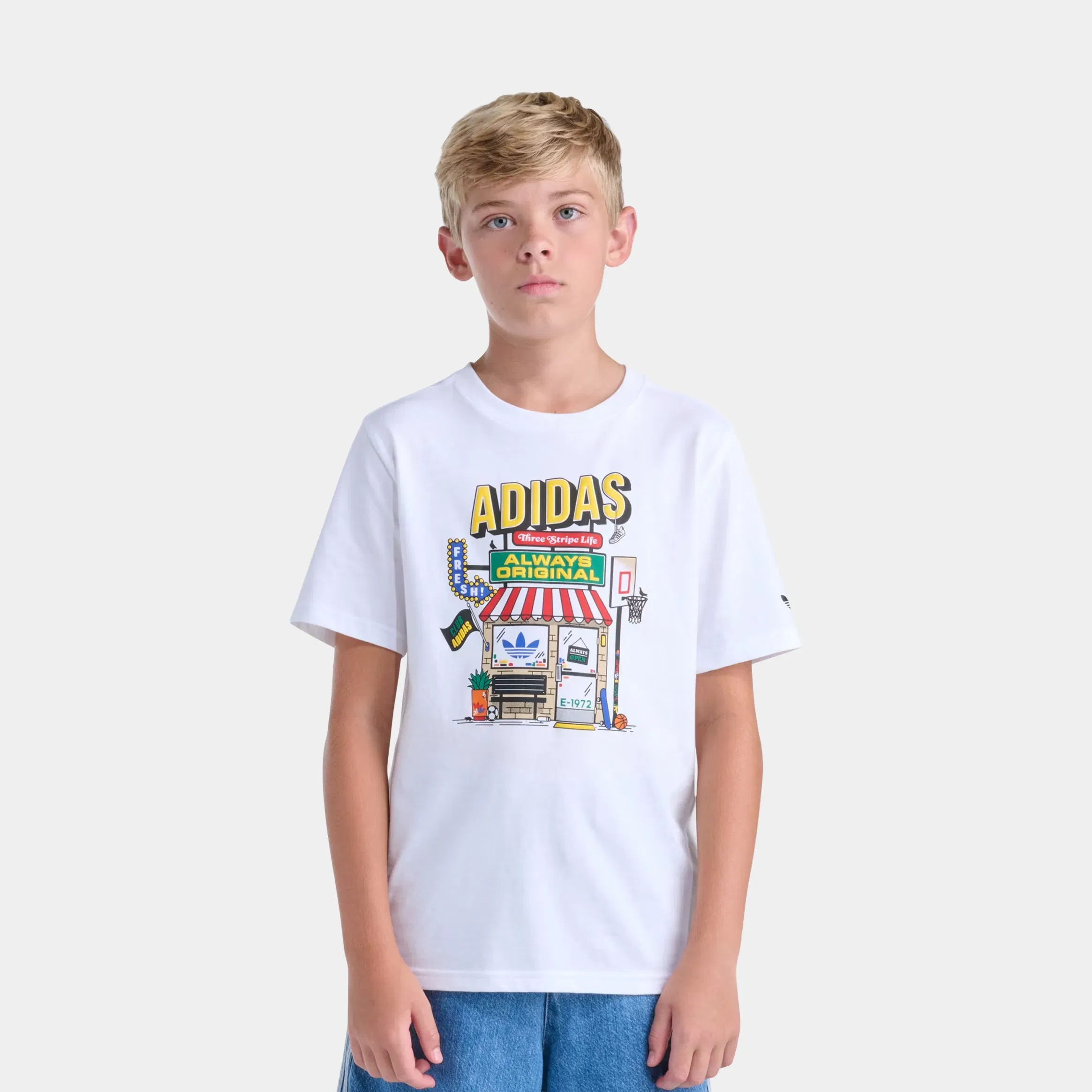 adidas Shoe Shop Graphic Grade School Short Sleeve Shirt (White)