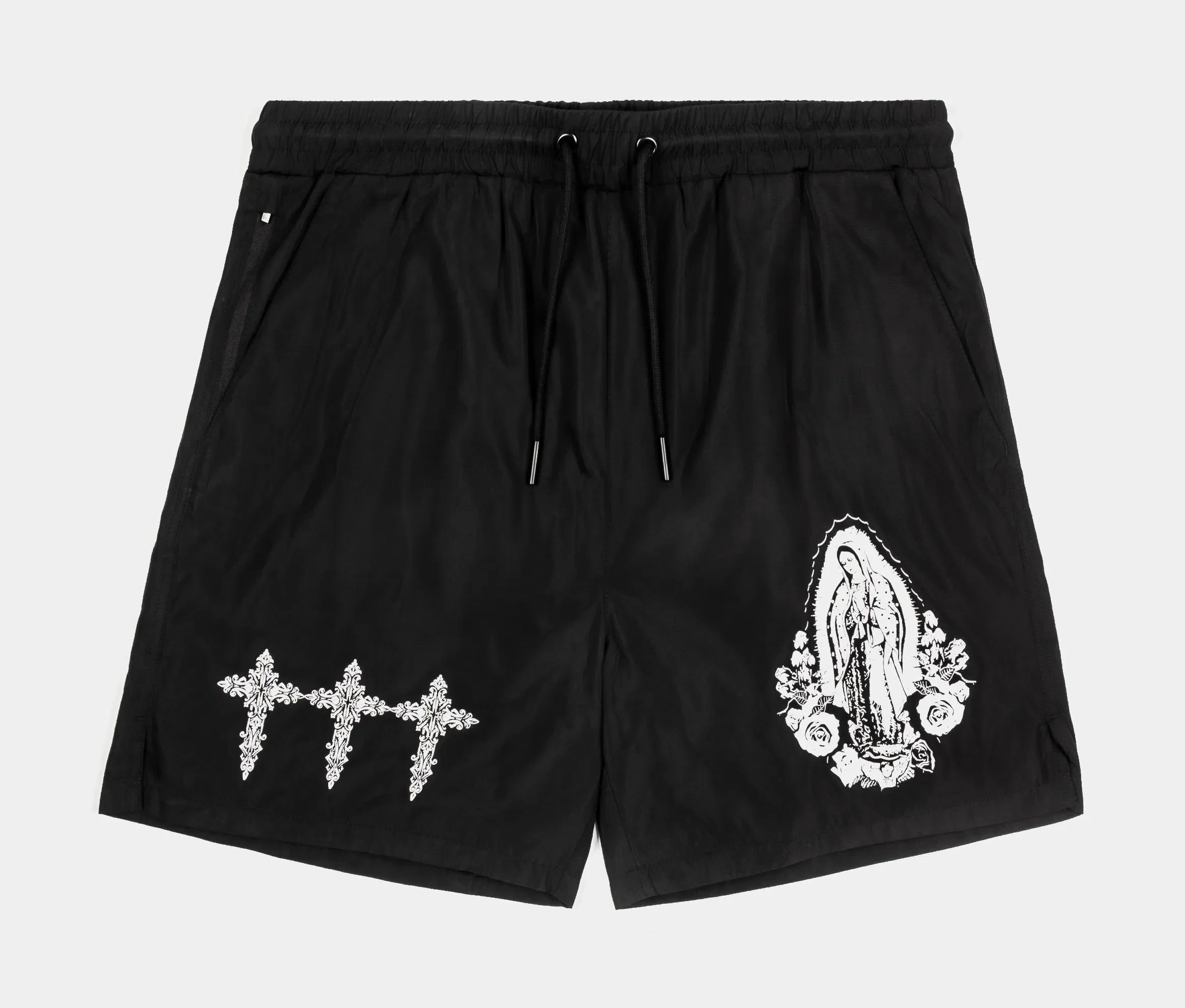 CTHDRL Lady of Guadalupe Cross Hybrid Mens Shorts (Black/Cream)