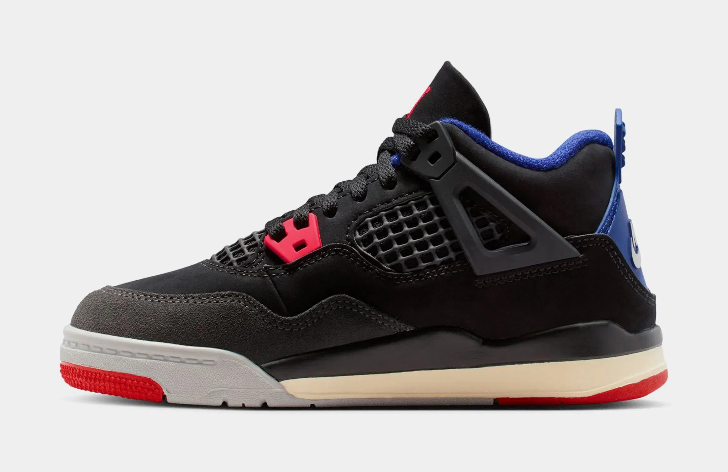 Air Jordan 4 Retro Rare Air Preschool Lifestyle Shoes (Black/Fire Red/Deep Royal Blue/Dark Smoke Grey/Tech Grey)
