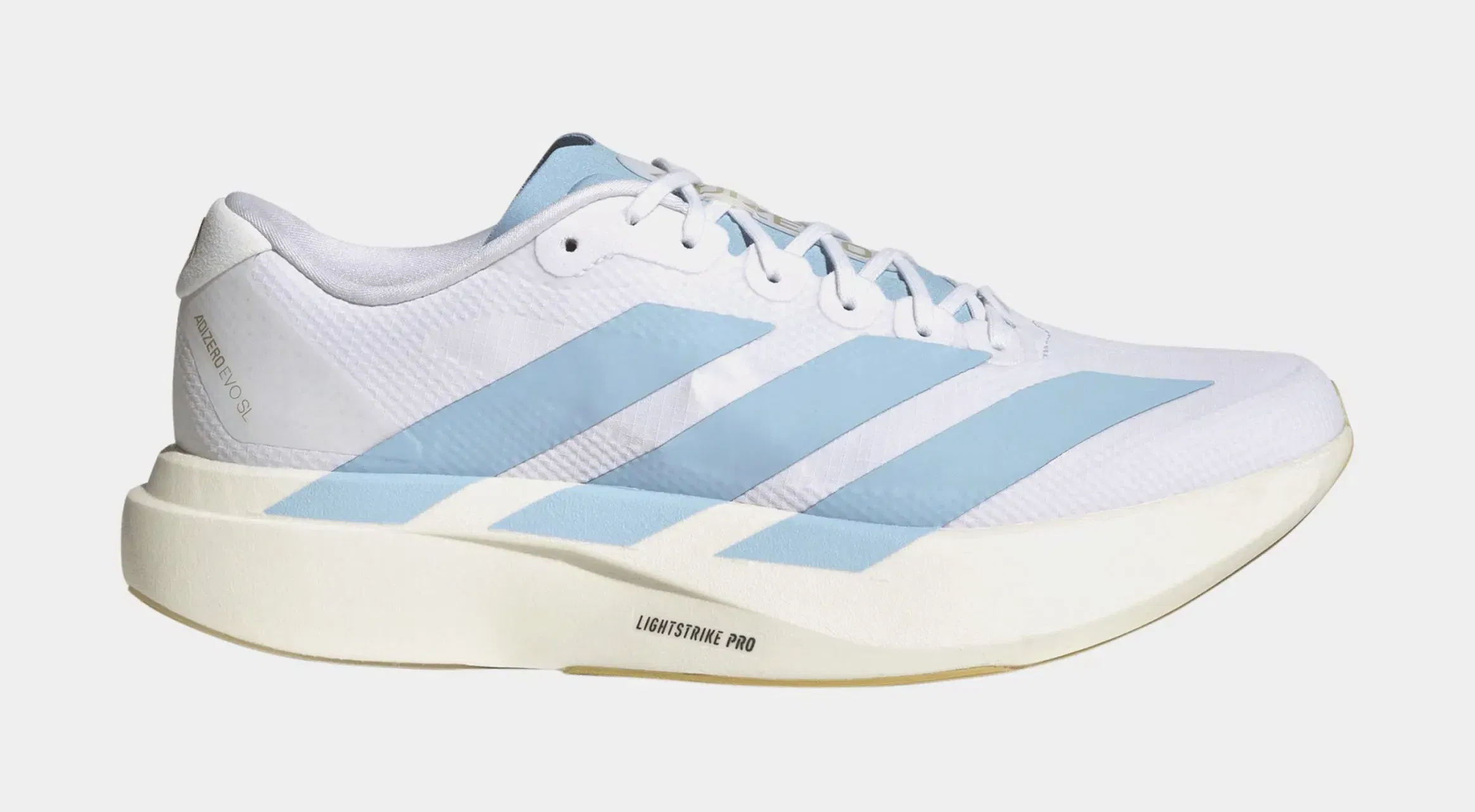 adidas Adizero Evo SL Woven Mens Running Shoes (Cloud White/Clear Blue/Matte Gold)