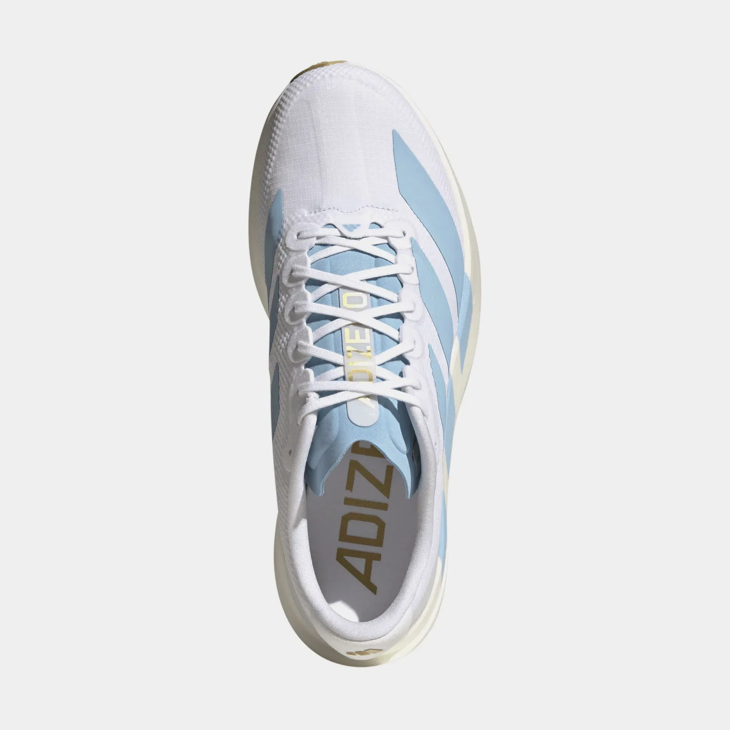 adidas Adizero Evo SL Woven Mens Running Shoes (Cloud White/Clear Blue/Matte Gold)