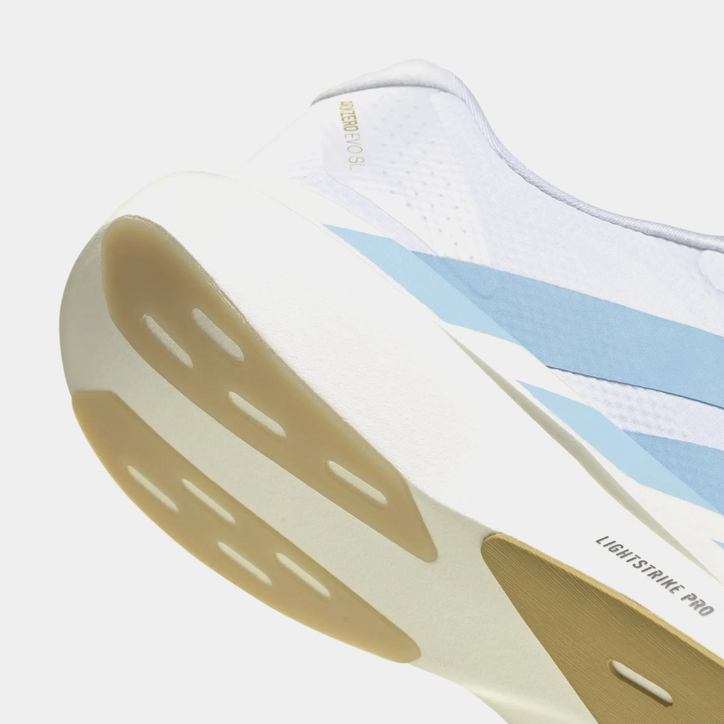 adidas Adizero Evo SL Woven Mens Running Shoes (Cloud White/Clear Blue/Matte Gold)