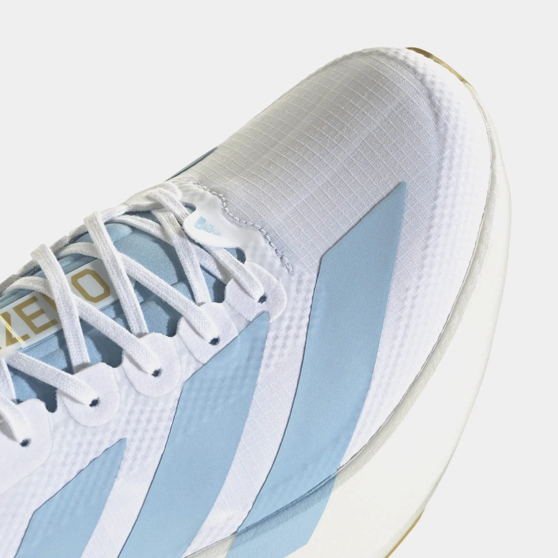 adidas Adizero Evo SL Woven Mens Running Shoes (Cloud White/Clear Blue/Matte Gold)