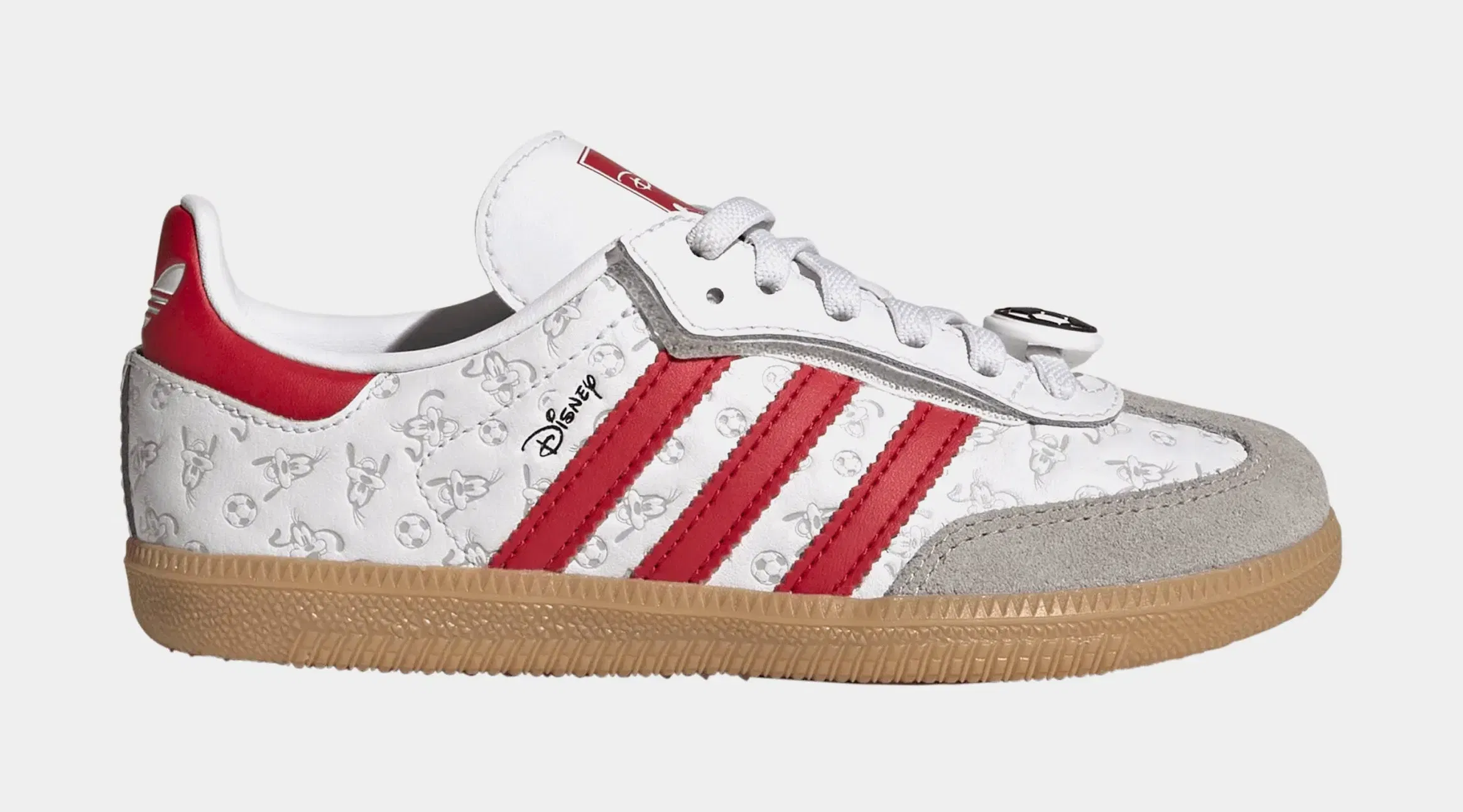 adidas Disney Samba OG Comfort Closure Elastic Lace Preschool Lifestyle Shoes (Cloud White/Better Scarlet/Gum)