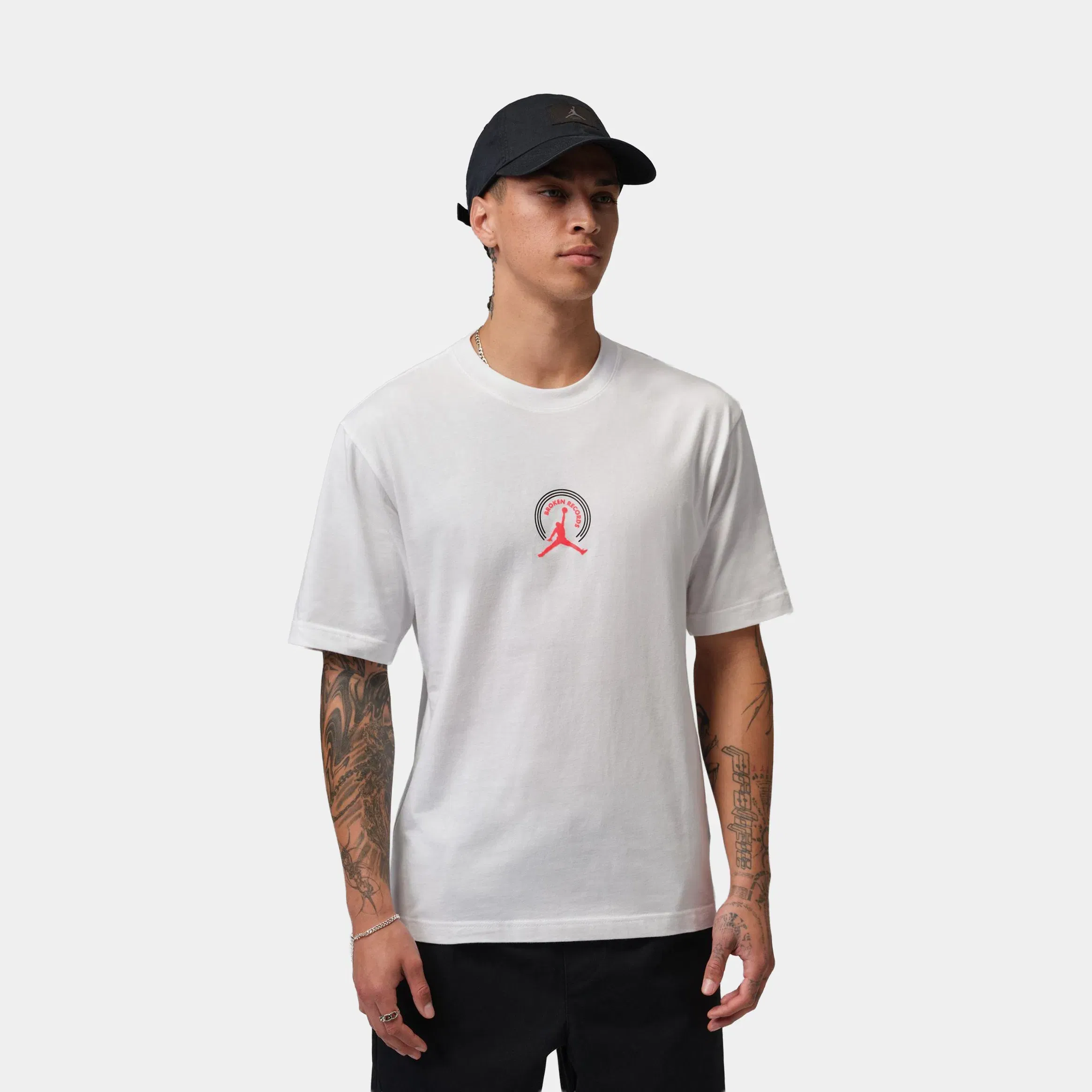 Air Jordan Broken Records Graphic Mens Short Sleeve Shirt (White/Infrared 23)