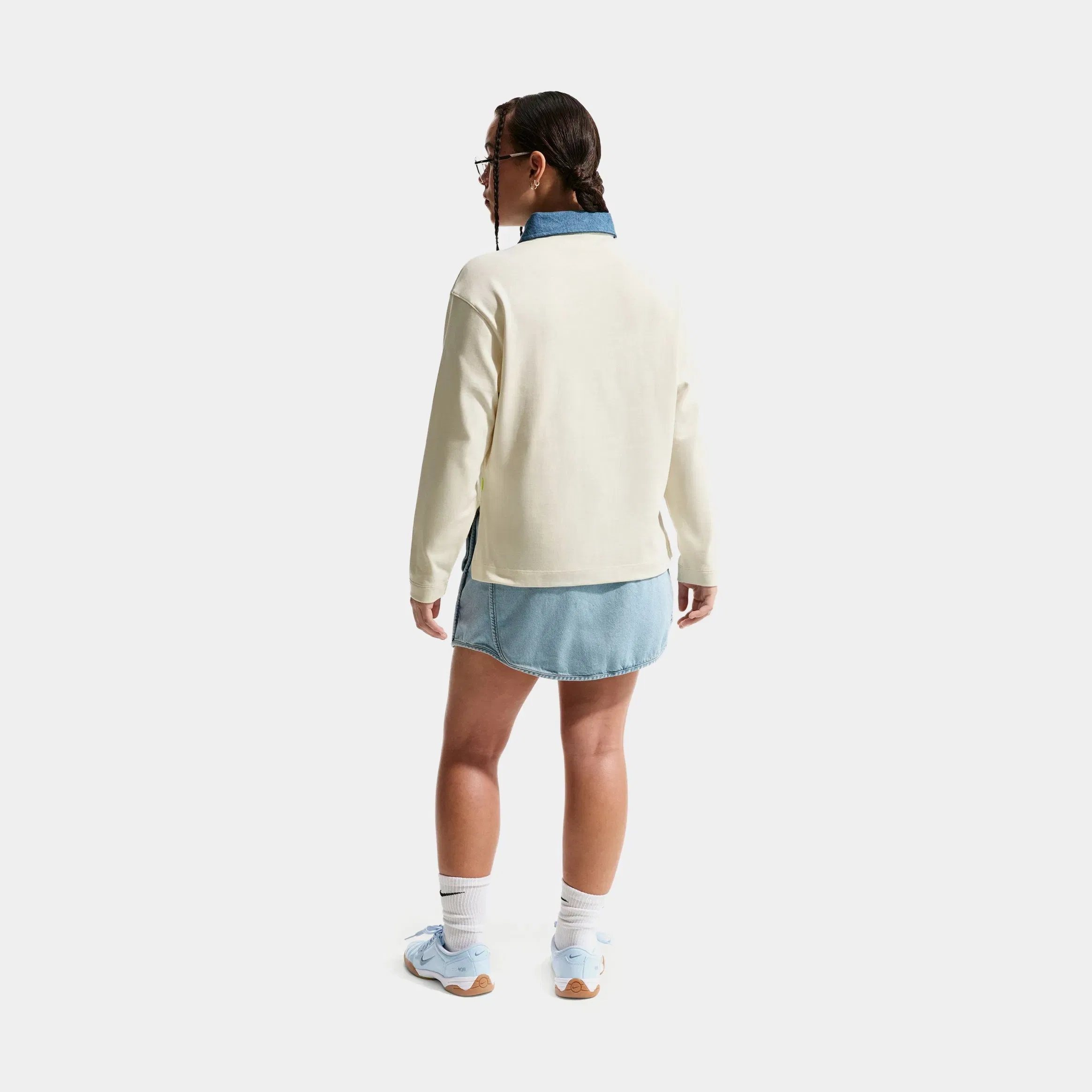 Nike NSW Polo Denim Grade School Long Sleeve Shirt (Beige/Navy)