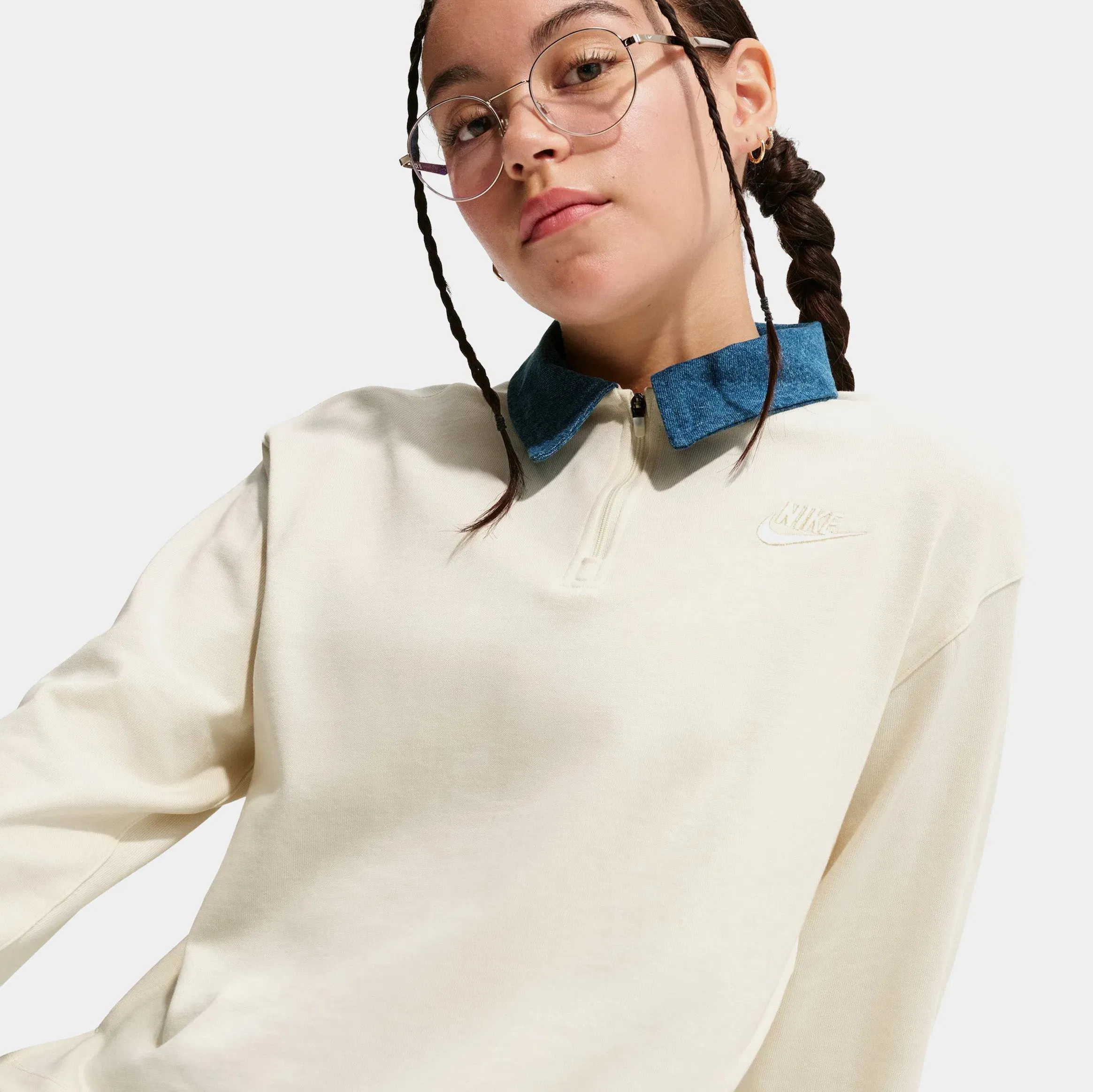 Nike NSW Polo Denim Grade School Long Sleeve Shirt (Beige/Navy)