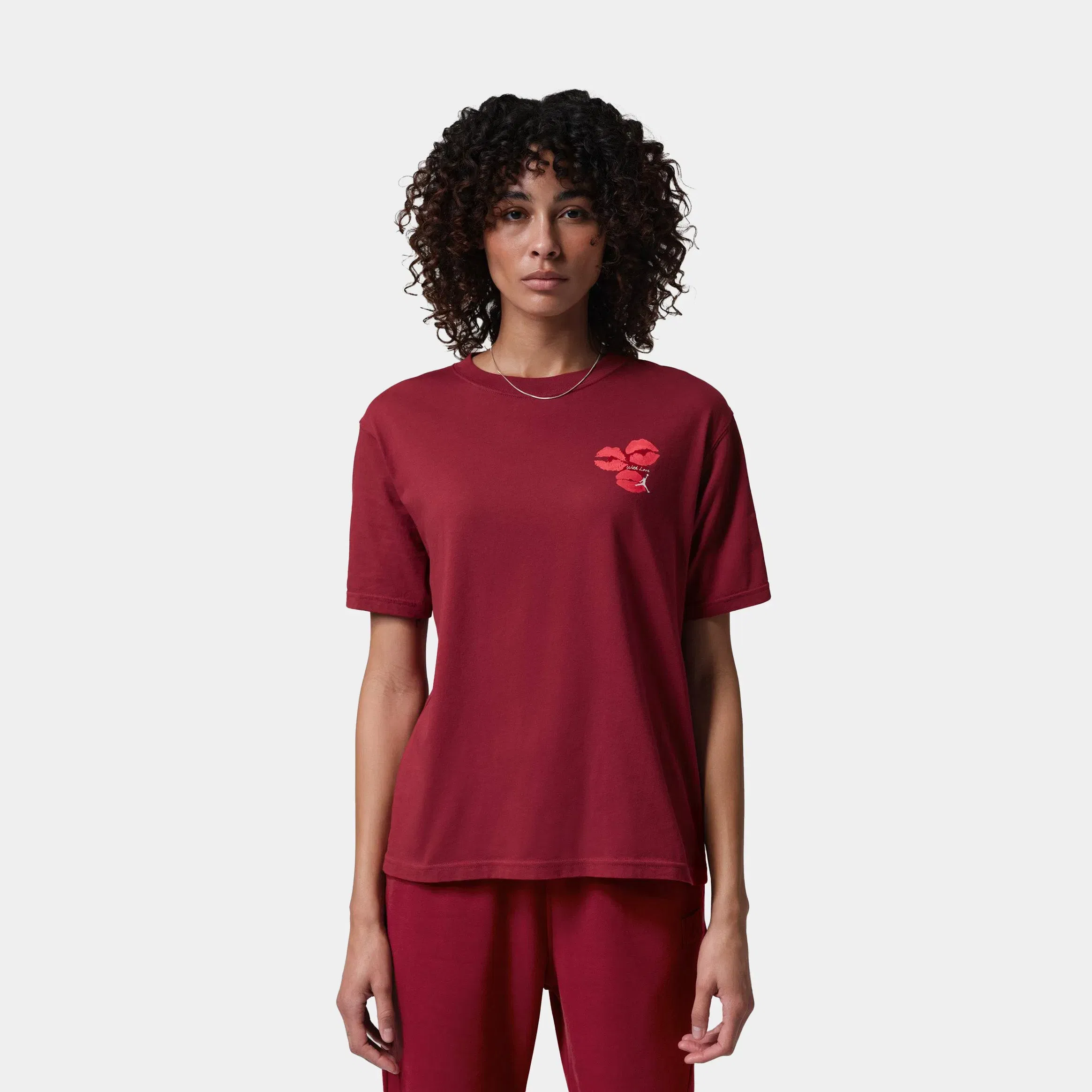 Air Jordan Flight Graphic Kiss Womens Short Sleeve Shirt (Team Red/White)