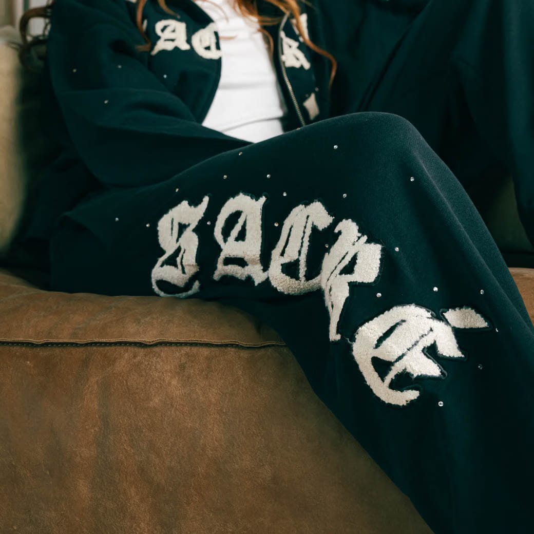 SACRE Rhinestone Soft Fleece Womens Pants (Black/Cream)