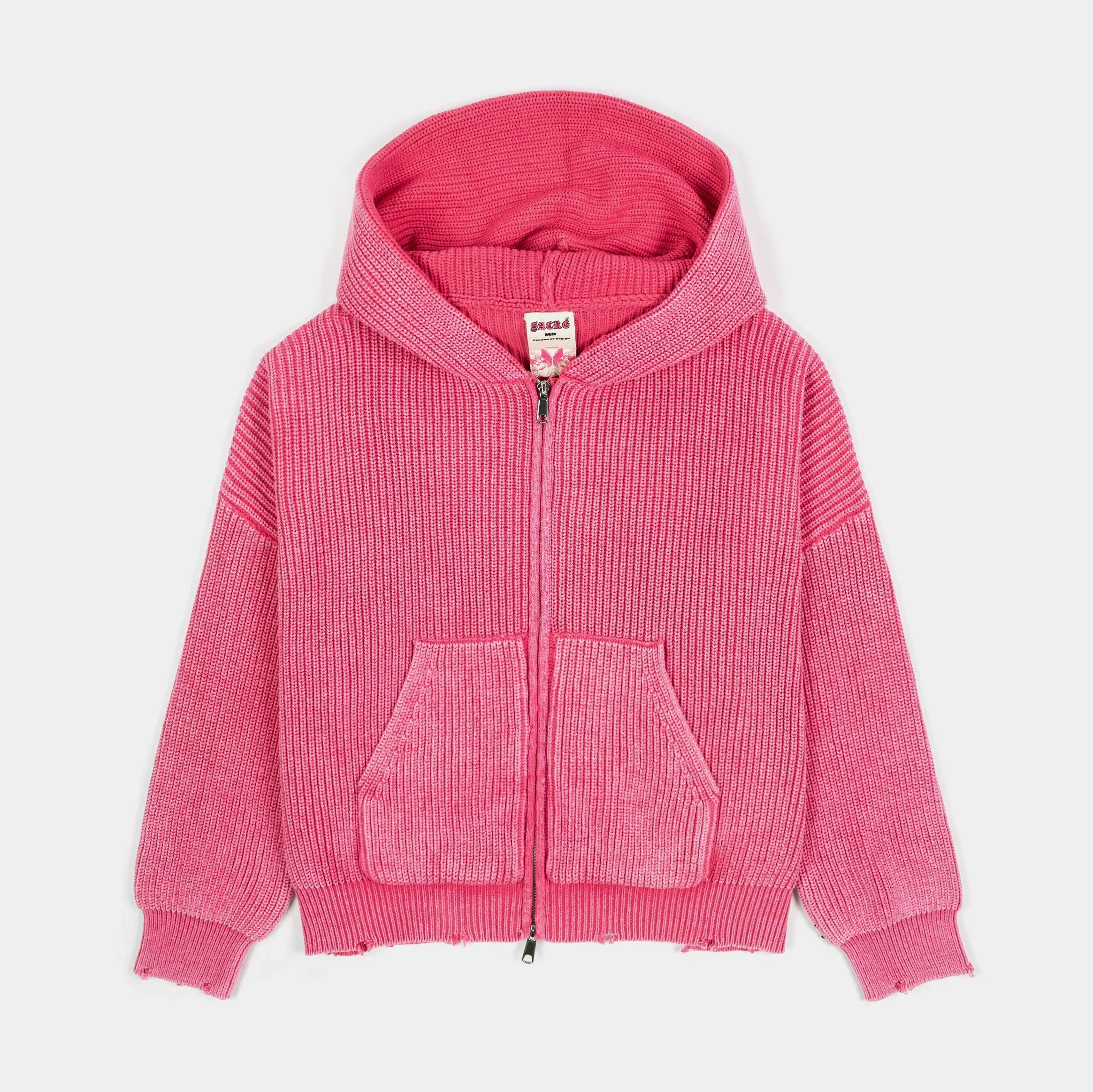 SACRE Washed Pink Knit Full Zip Womens Hoodie (Washed Pink)
