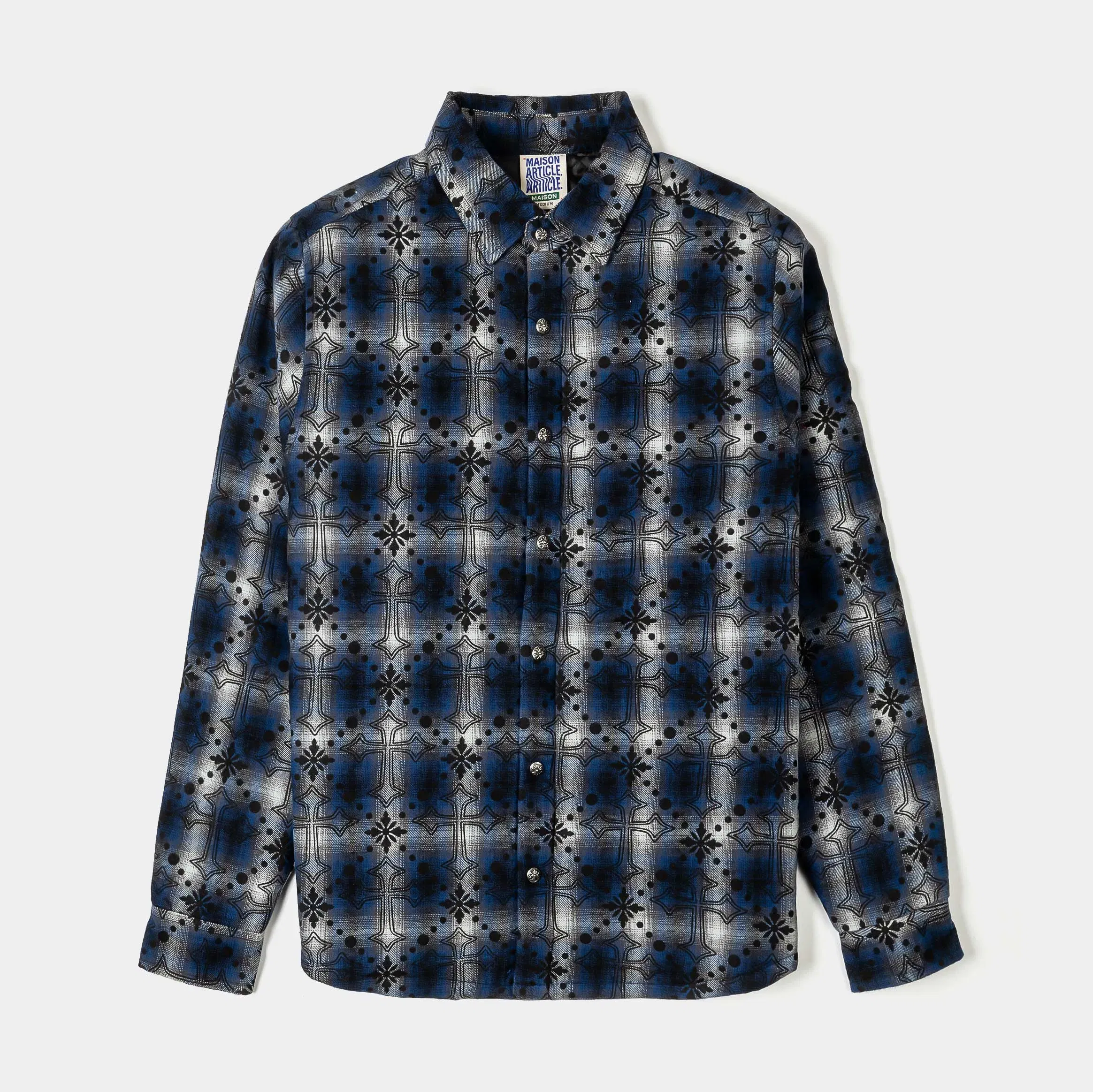 MAISON ARTICLE Cross Print Plaid Fleece Button Up Long Sleeve Mens Shirt (Black/Navy Blue)