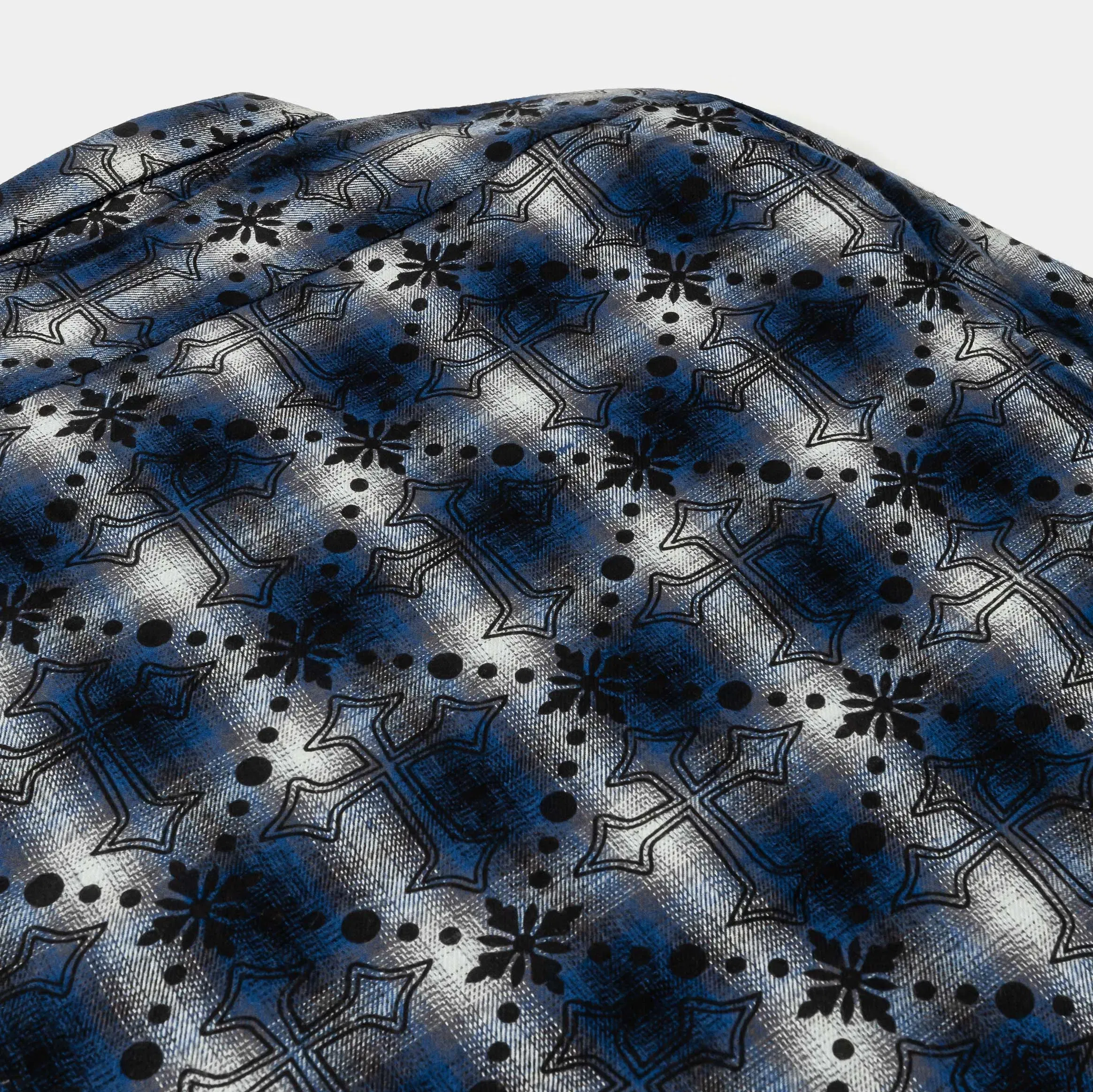 MAISON ARTICLE Cross Print Plaid Fleece Button Up Long Sleeve Mens Shirt (Black/Navy Blue)