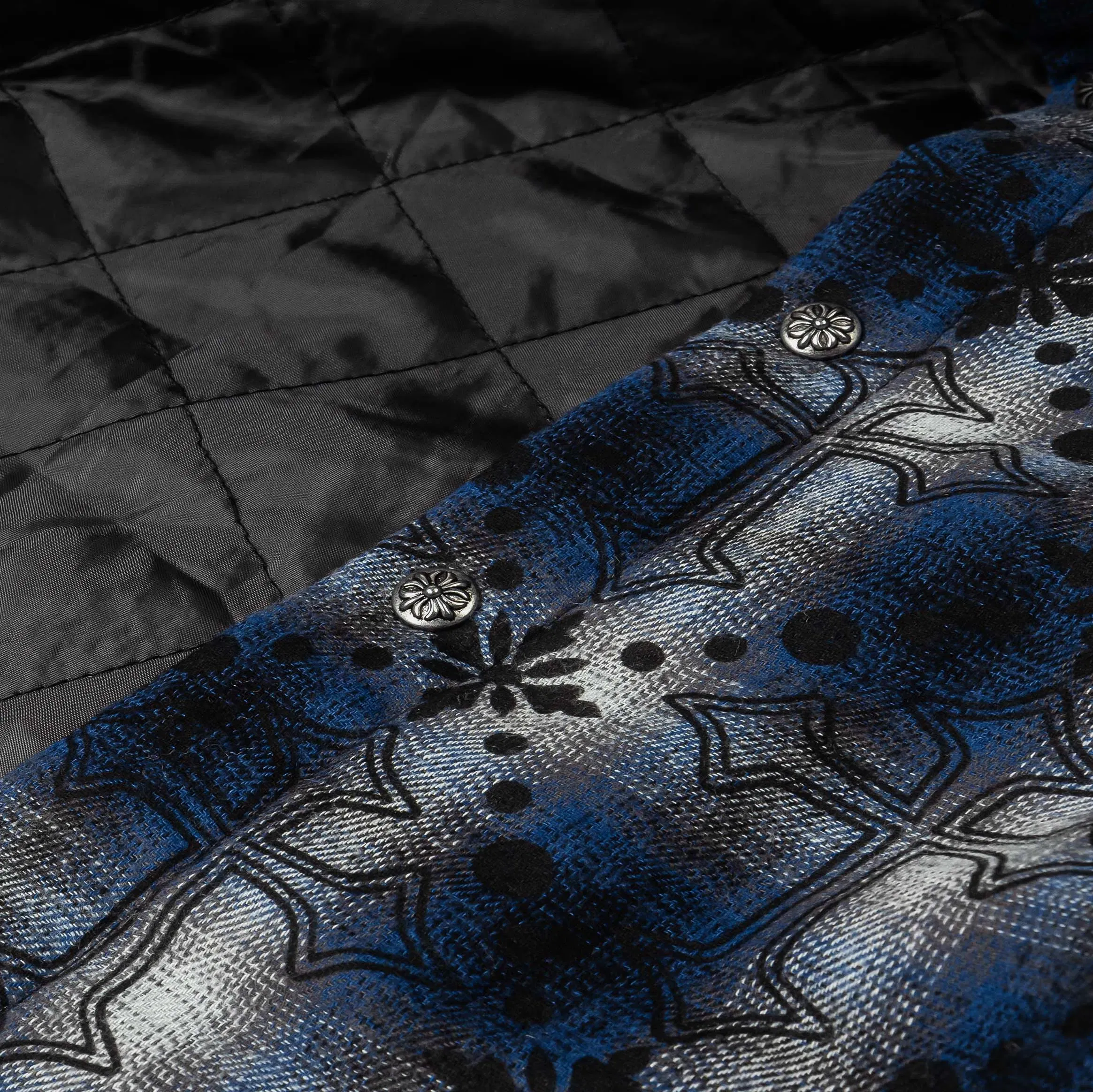 MAISON ARTICLE Cross Print Plaid Fleece Button Up Long Sleeve Mens Shirt (Black/Navy Blue)