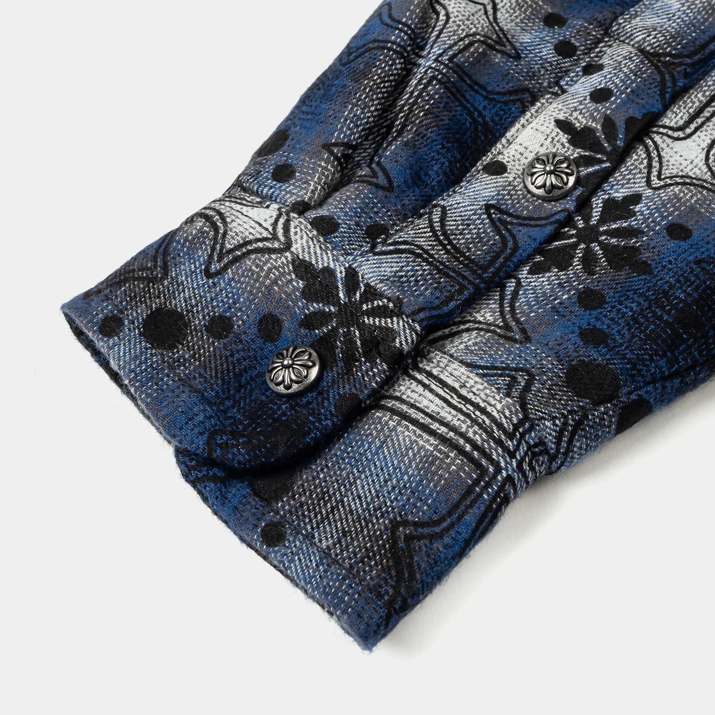 MAISON ARTICLE Cross Print Plaid Fleece Button Up Long Sleeve Mens Shirt (Black/Navy Blue)