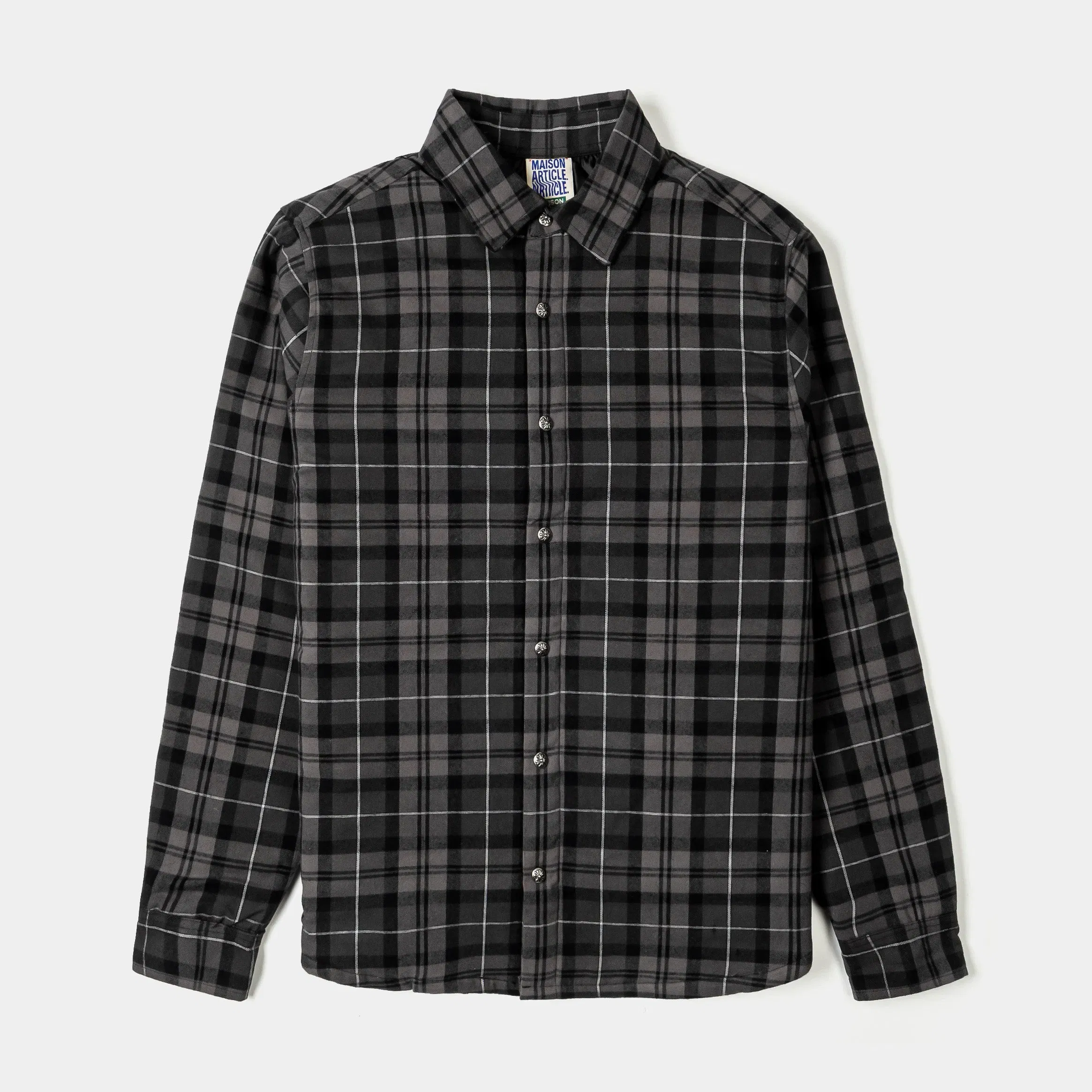 MAISON ARTICLE Cross Print Plaid Fleece Button Up Long Sleeve Mens Shirt (Navy/Black)