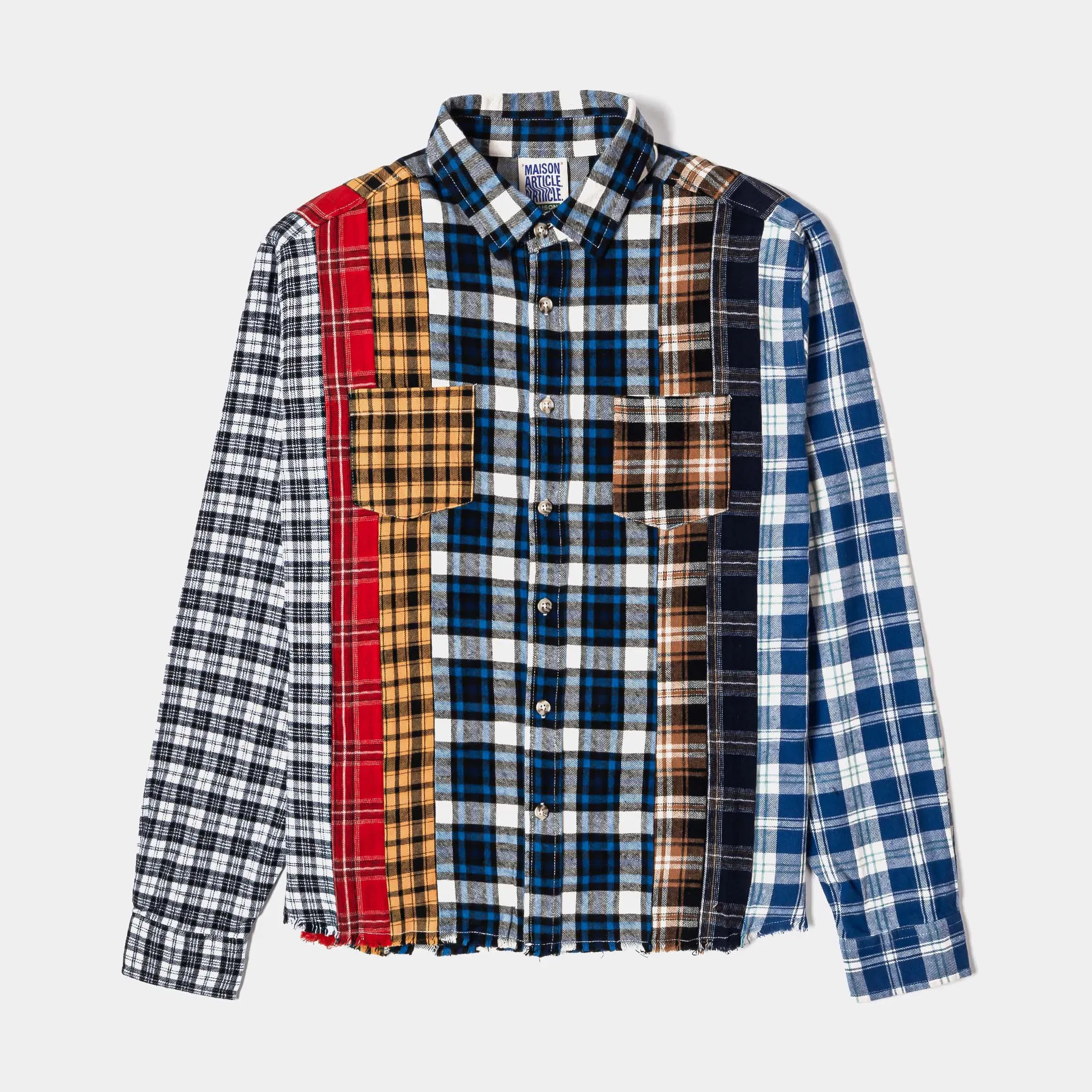 MAISON ARTICLE Mixed Print Button Up Flannel Mens Short Sleeve Shirt (Blue/Red)