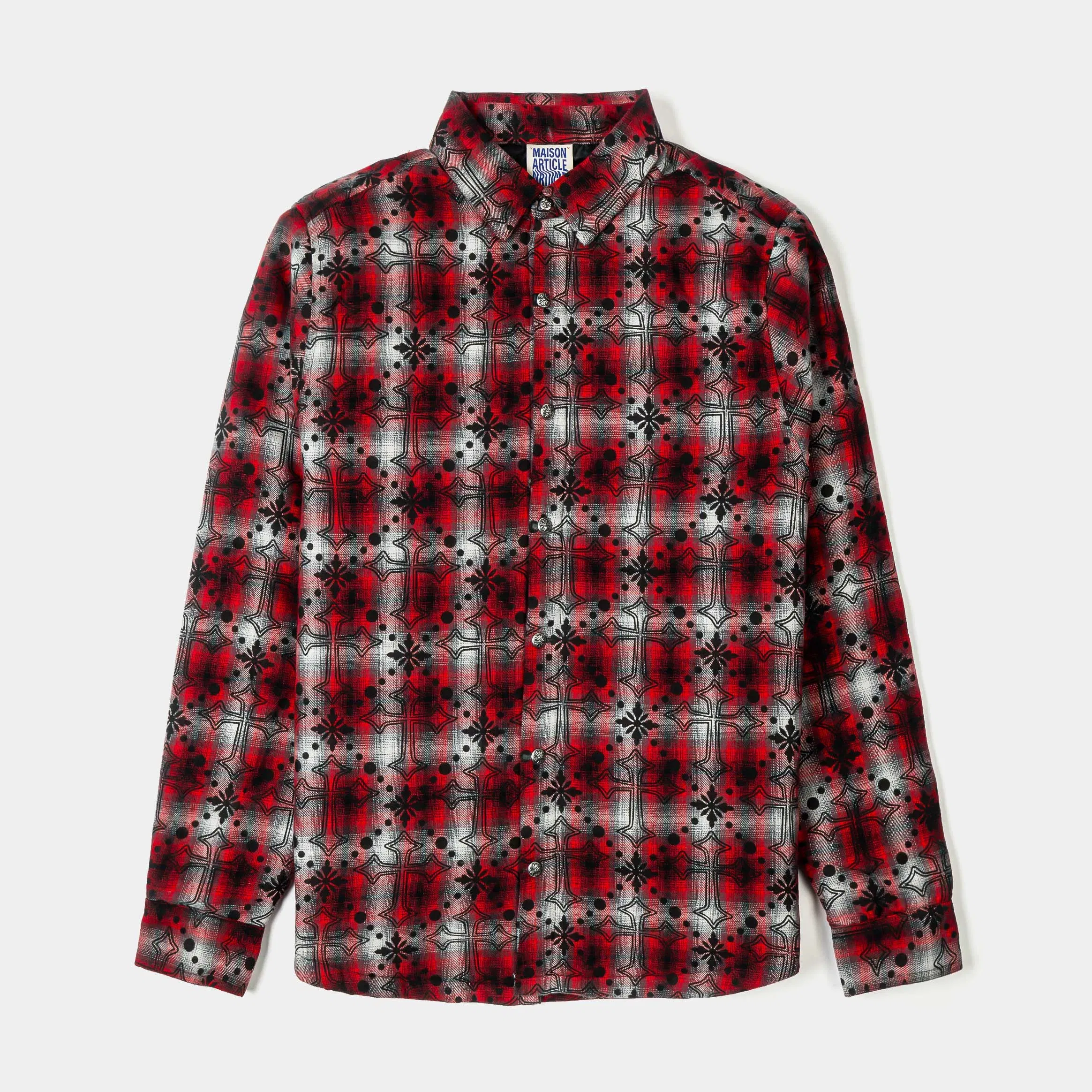MAISON ARTICLE Cross Print Plaid Fleece Button Up Long Sleeve Mens Shirt (Red/Black)