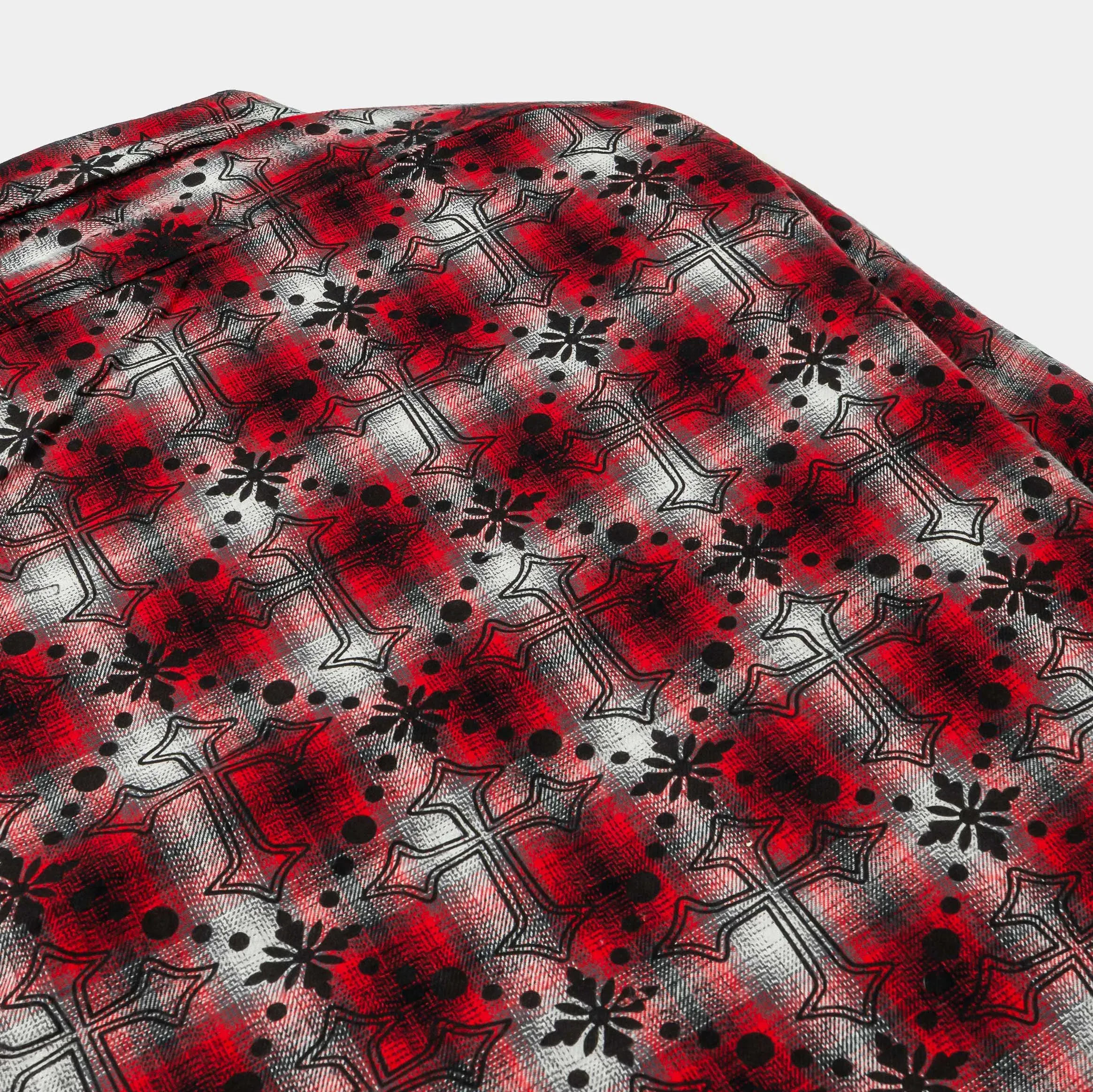 MAISON ARTICLE Cross Print Plaid Fleece Button Up Long Sleeve Mens Shirt (Red/Black)