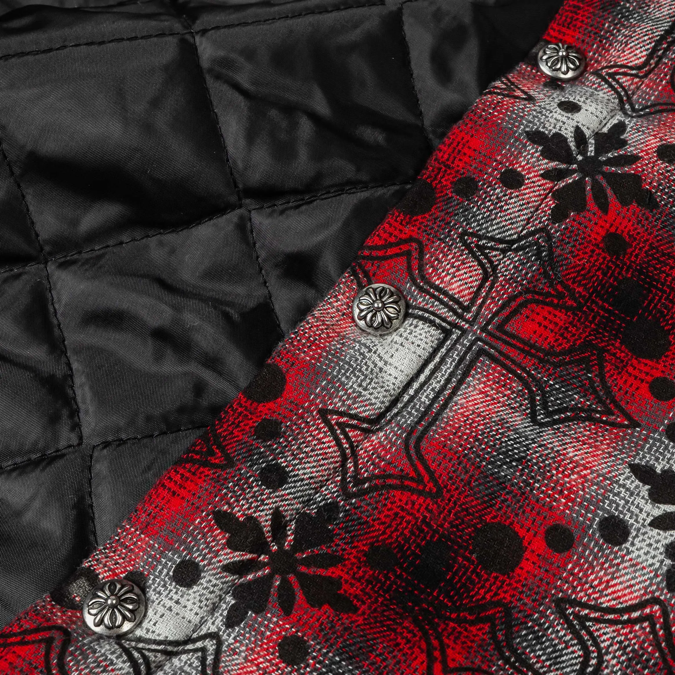 MAISON ARTICLE Cross Print Plaid Fleece Button Up Long Sleeve Mens Shirt (Red/Black)