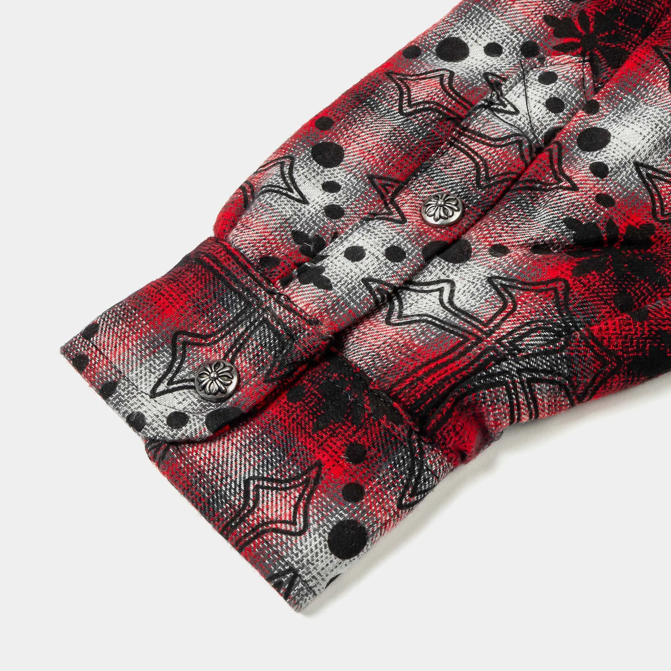 MAISON ARTICLE Cross Print Plaid Fleece Button Up Long Sleeve Mens Shirt (Red/Black)