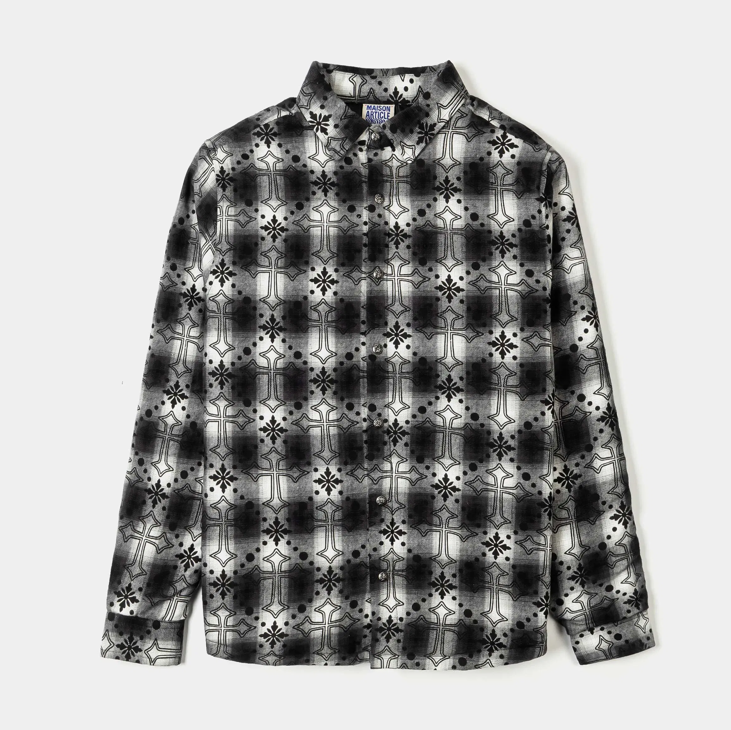 MAISON ARTICLE Cross Print Plaid Fleece Button Up Long Sleeve Mens Shirt (Black/White)