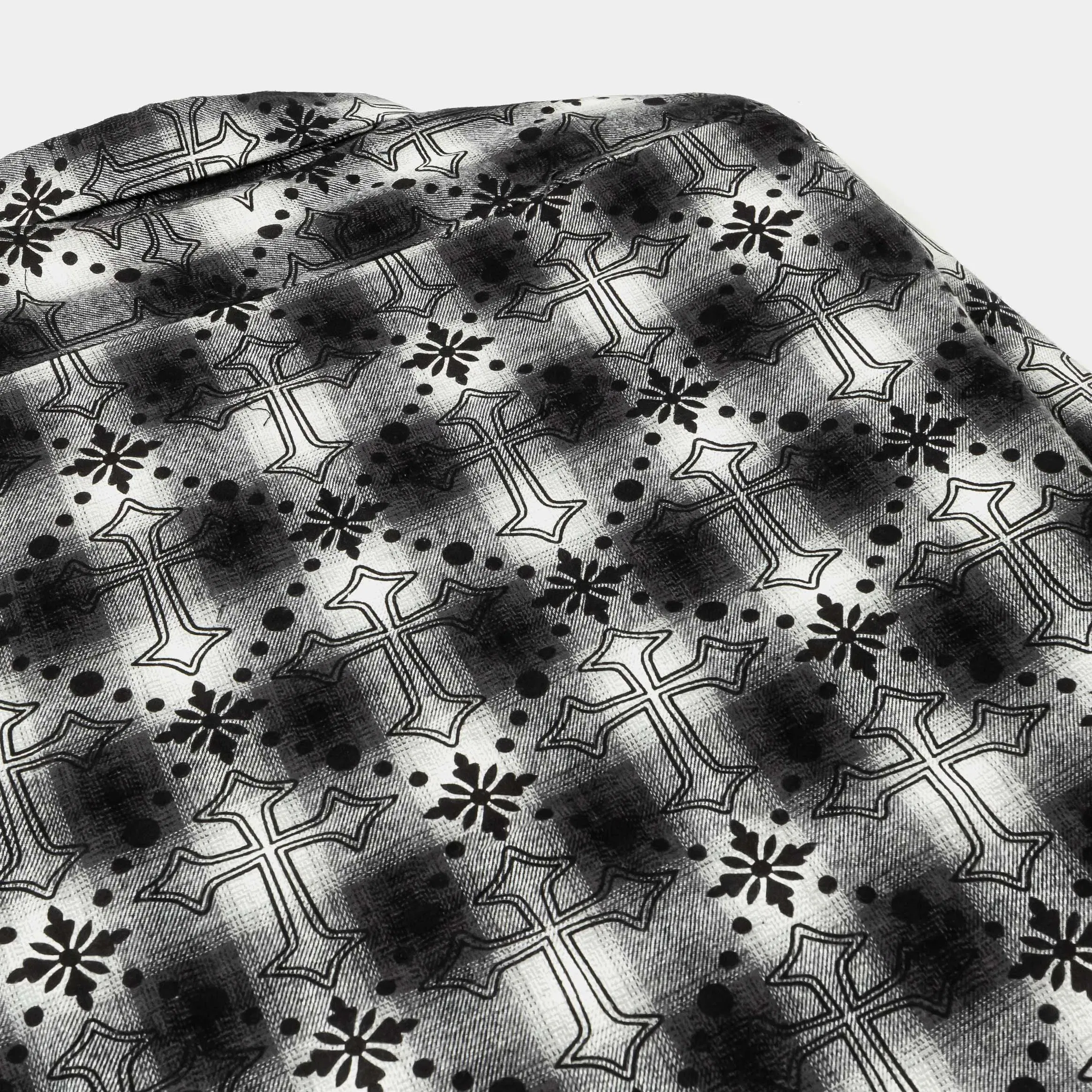 MAISON ARTICLE Cross Print Plaid Fleece Button Up Long Sleeve Mens Shirt (Black/White)