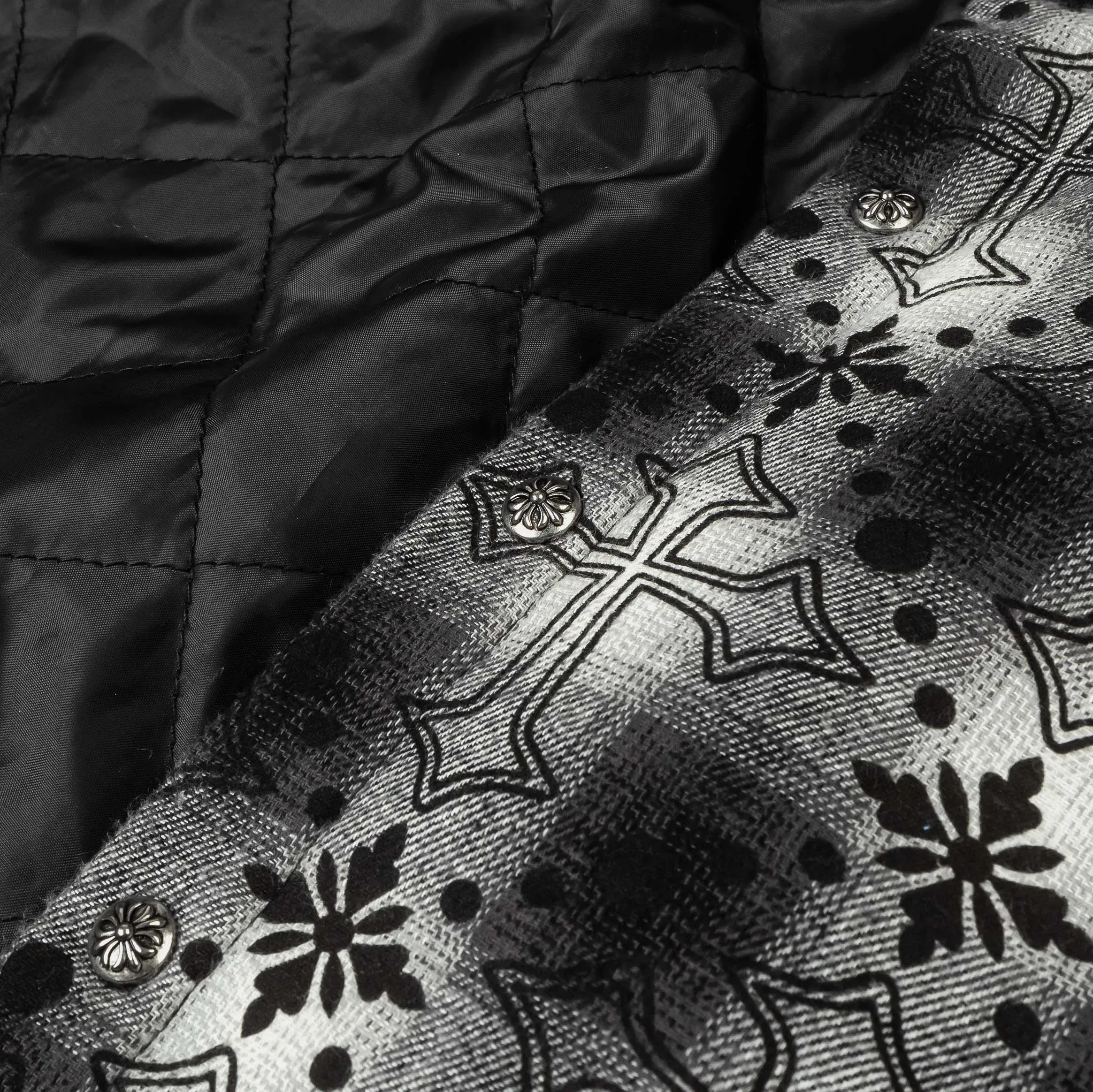 MAISON ARTICLE Cross Print Plaid Fleece Button Up Long Sleeve Mens Shirt (Black/White)