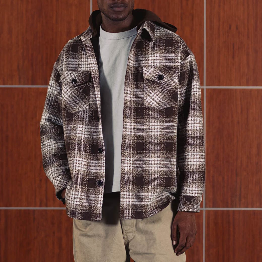 MAISON ARTICLE Hooded Flannel Mens Jacket (Brown/White)