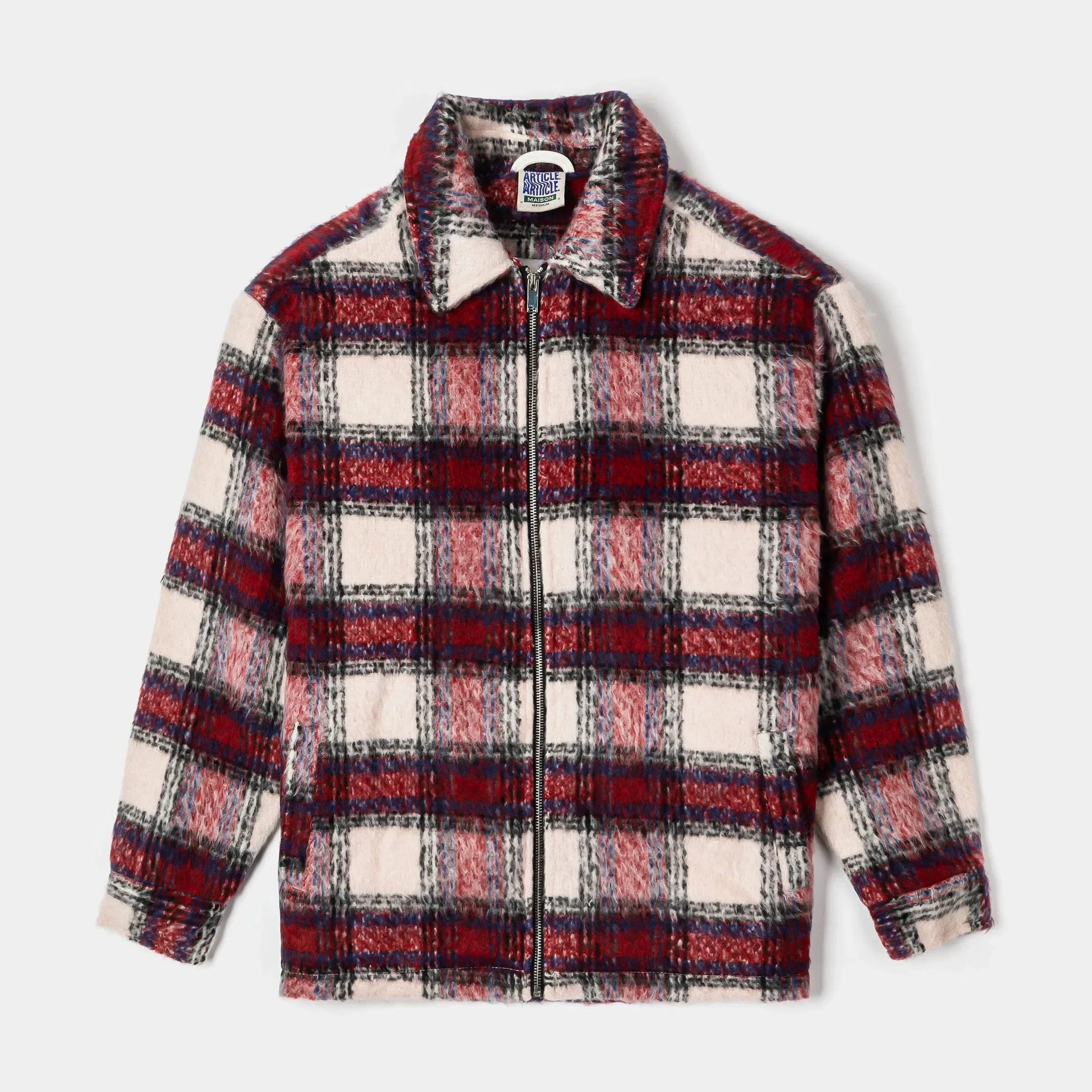 MAISON ARTICLE Plaid Zip-Up Flannel Mens Jacket (Red/Beige)