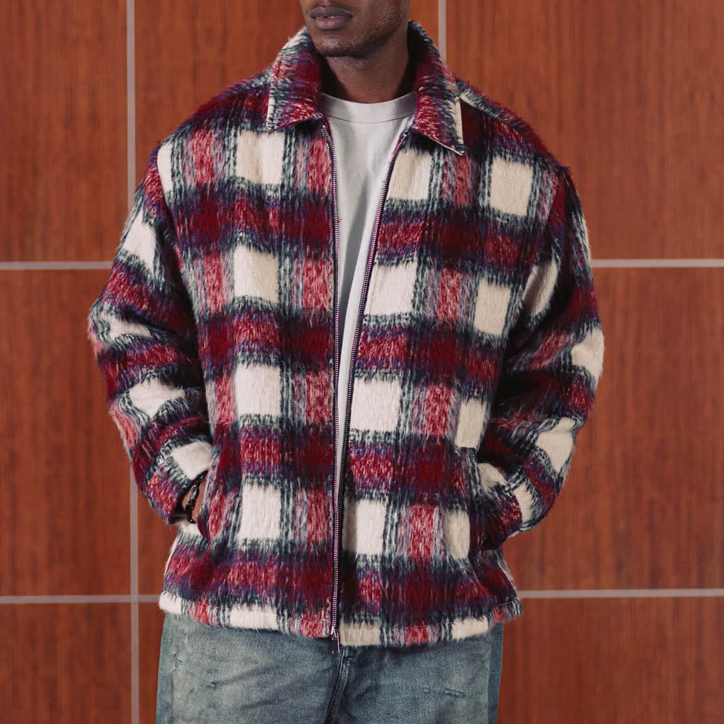 MAISON ARTICLE Plaid Zip-Up Flannel Mens Jacket (Red/Beige)
