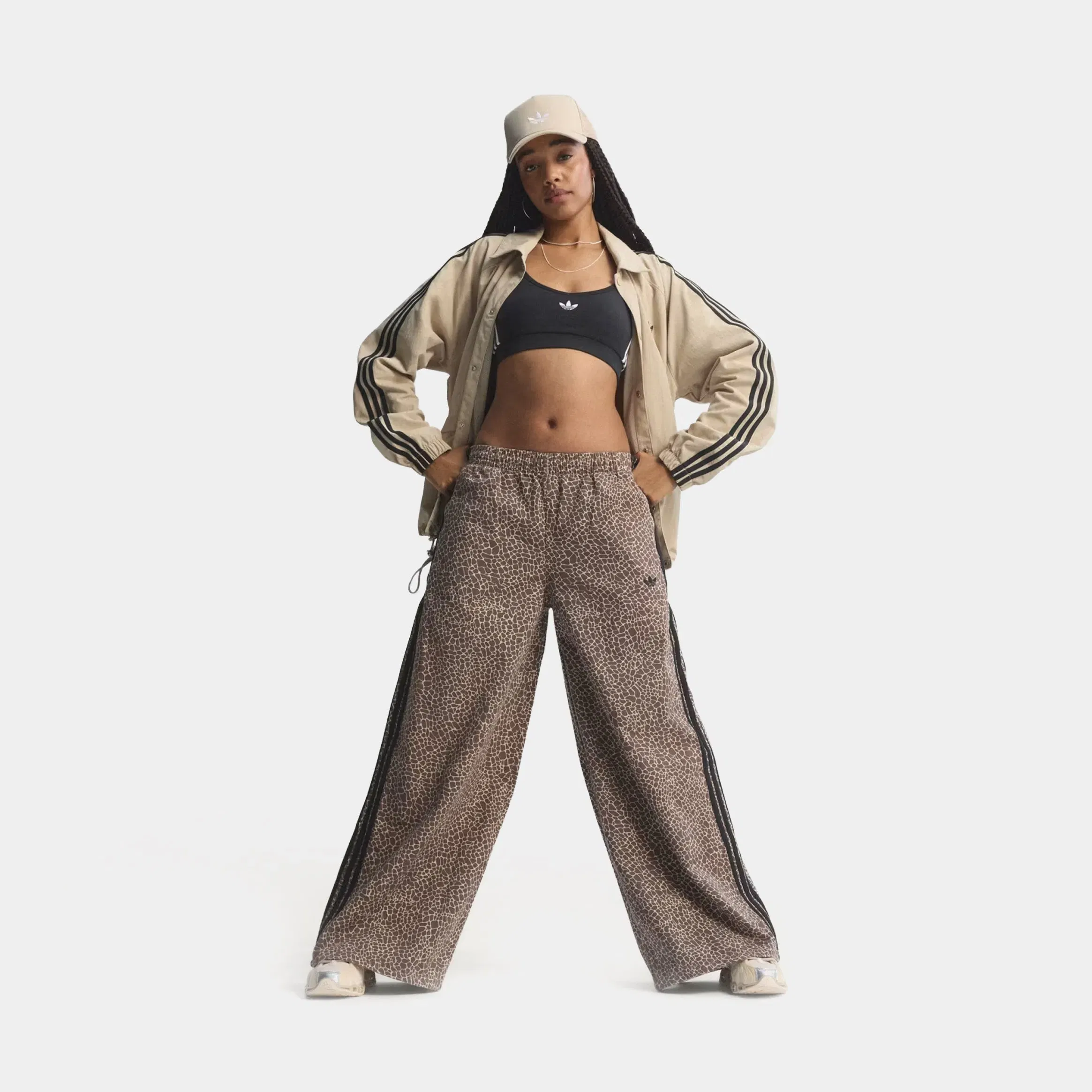 adidas Denim Firebird Oversized All Over Print Womens Pants (Earth Strata/ Stone Khaki)