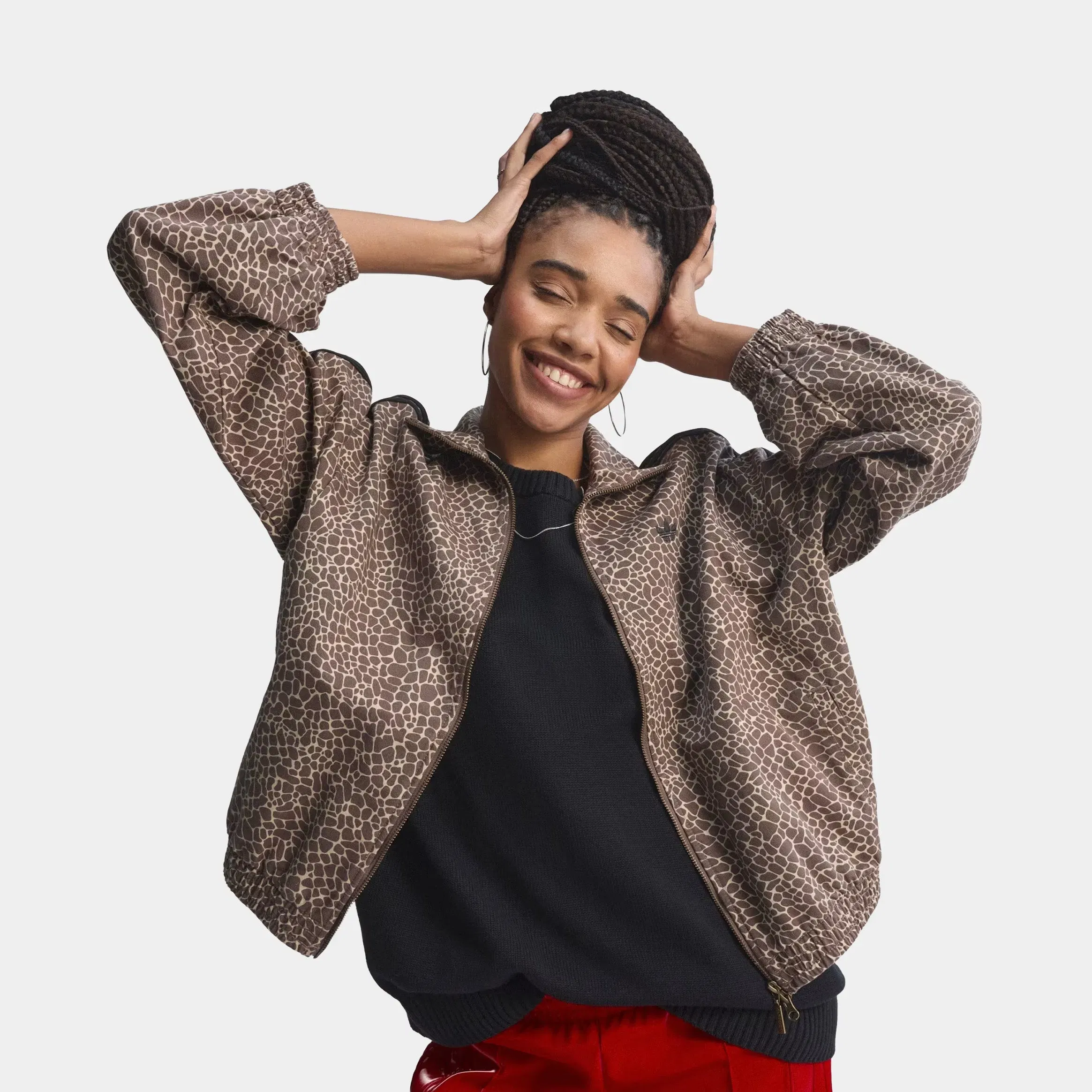 adidas Firebird Oversized All Over Print Denim Womens Jacket (Earth Strata/Stone Khaki)