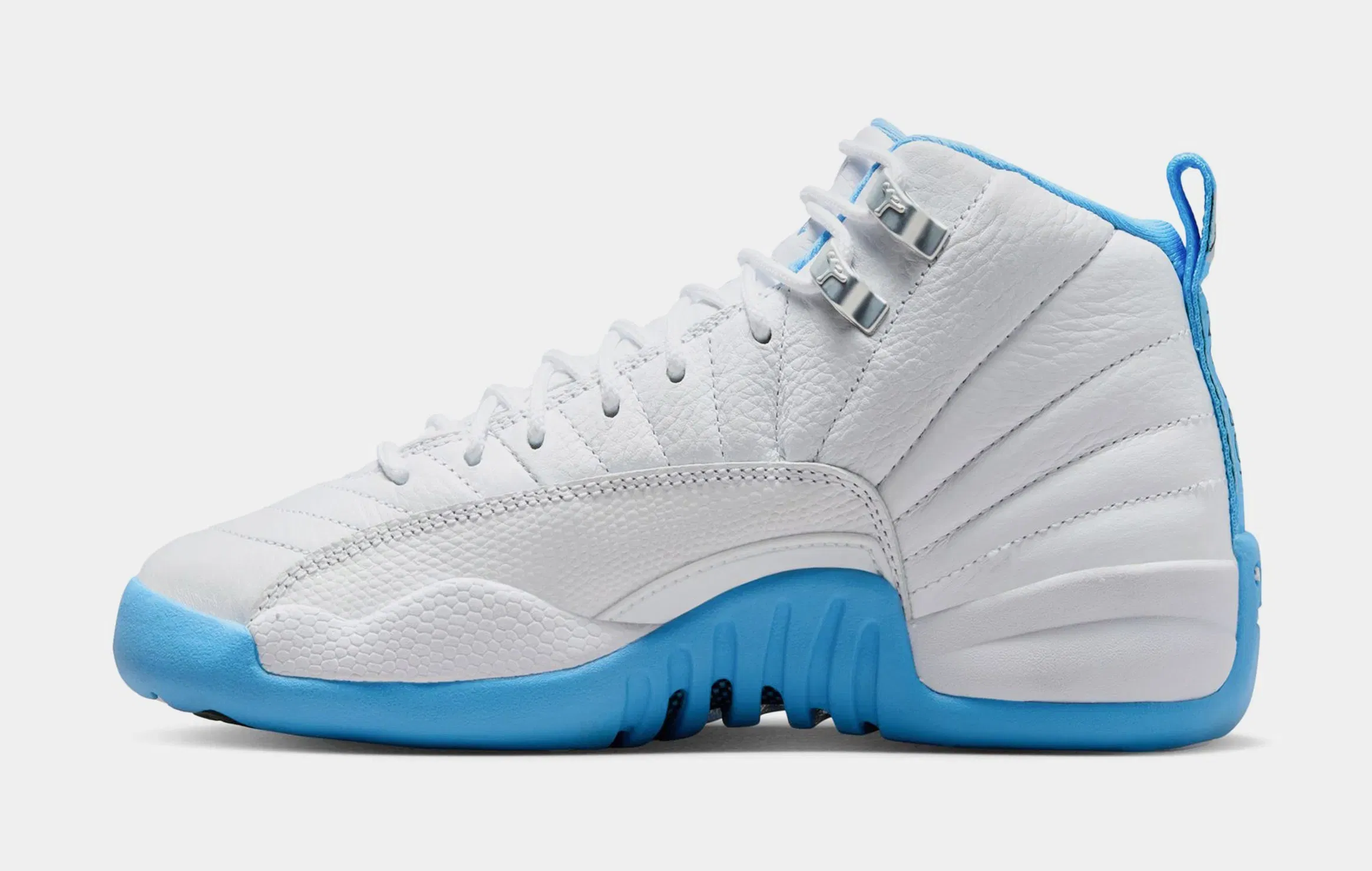 Air Jordan 12 Retro White and University Blue Grade School Lifestyle Shoes (White/University Blue/Metallic Silver)