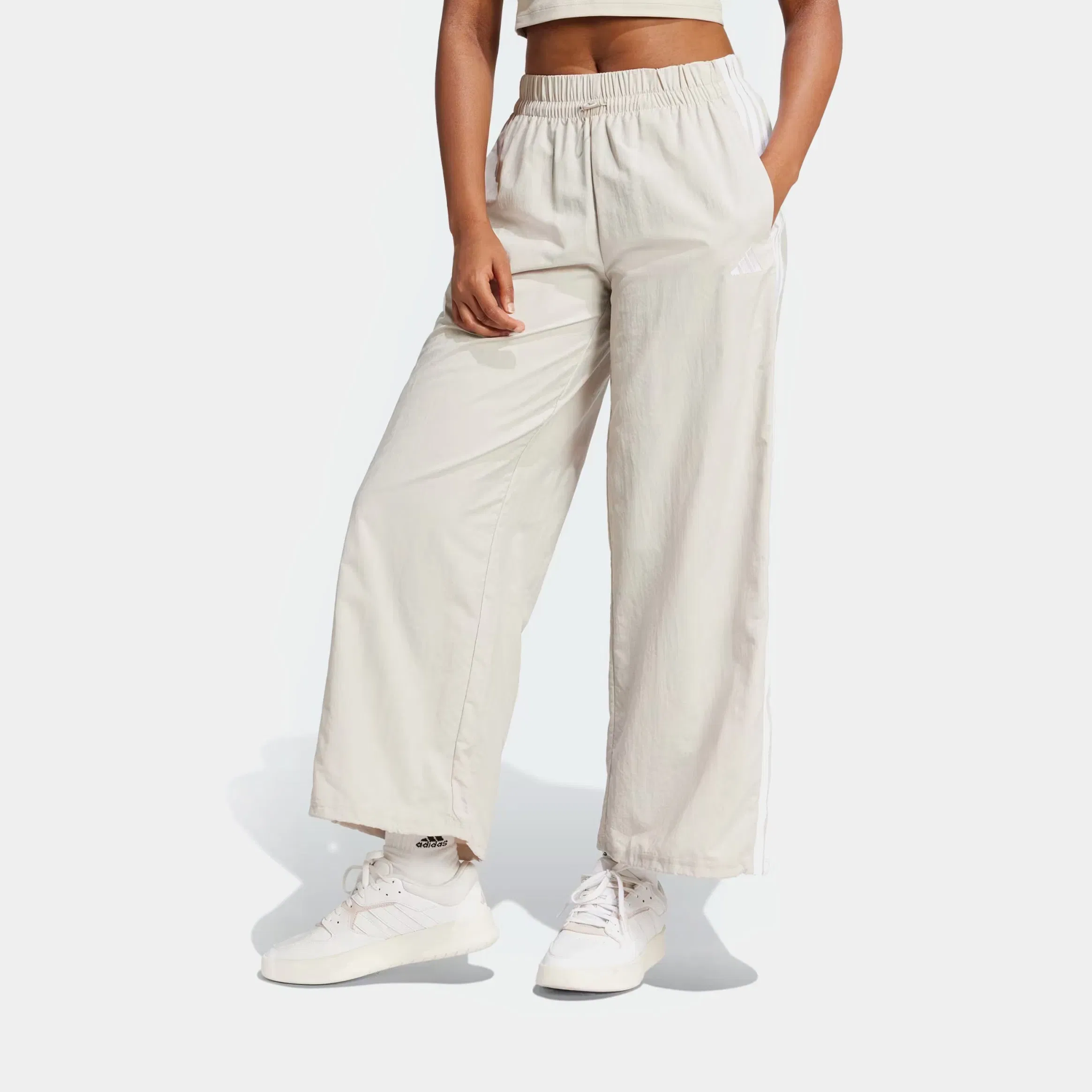 adidas 3 Stripes Woven Parachute Womens Pants (Beige/White)