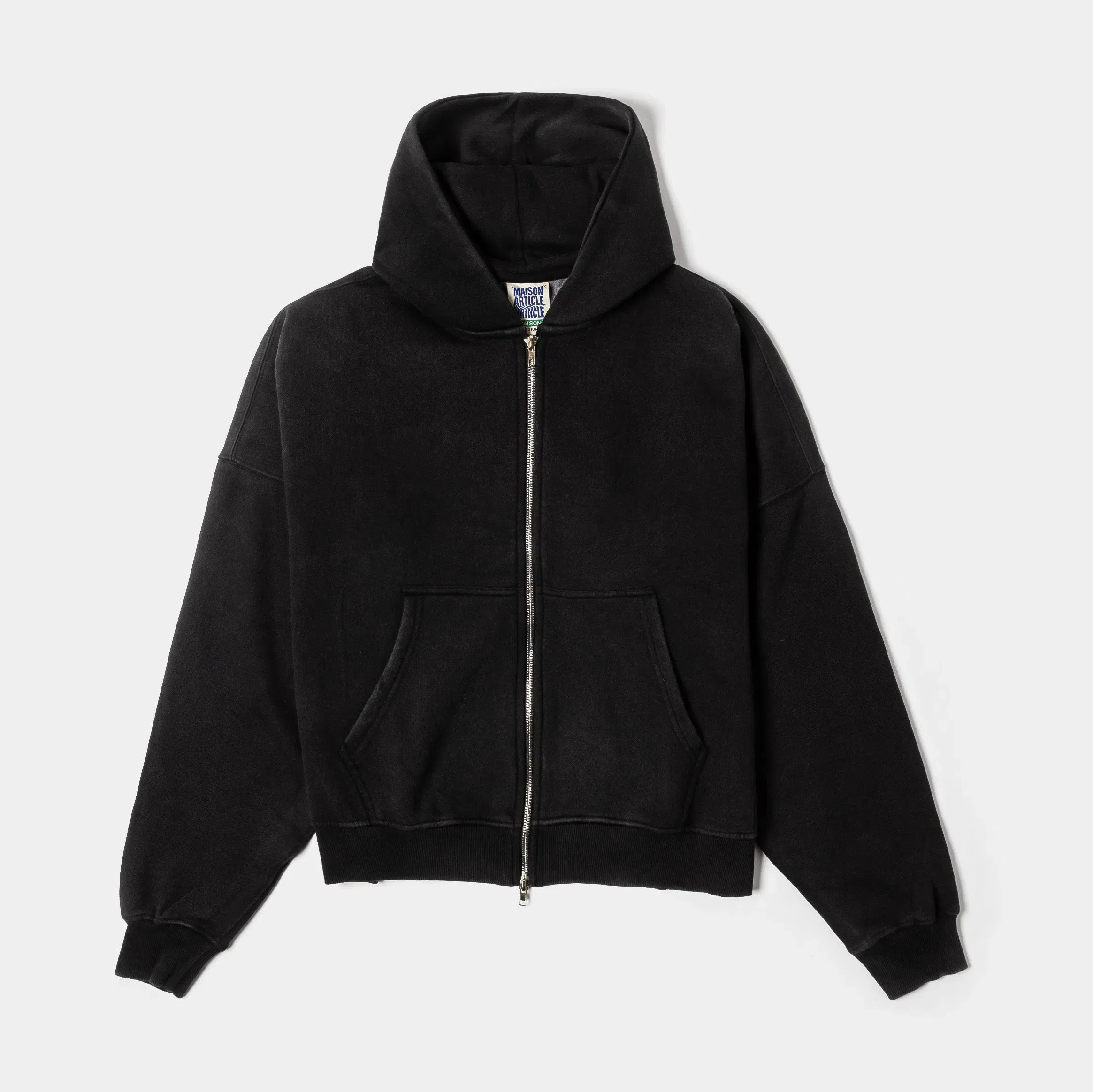 MAISON ARTICLE Washed Full Zip Mens Hoodie (Black/Black)