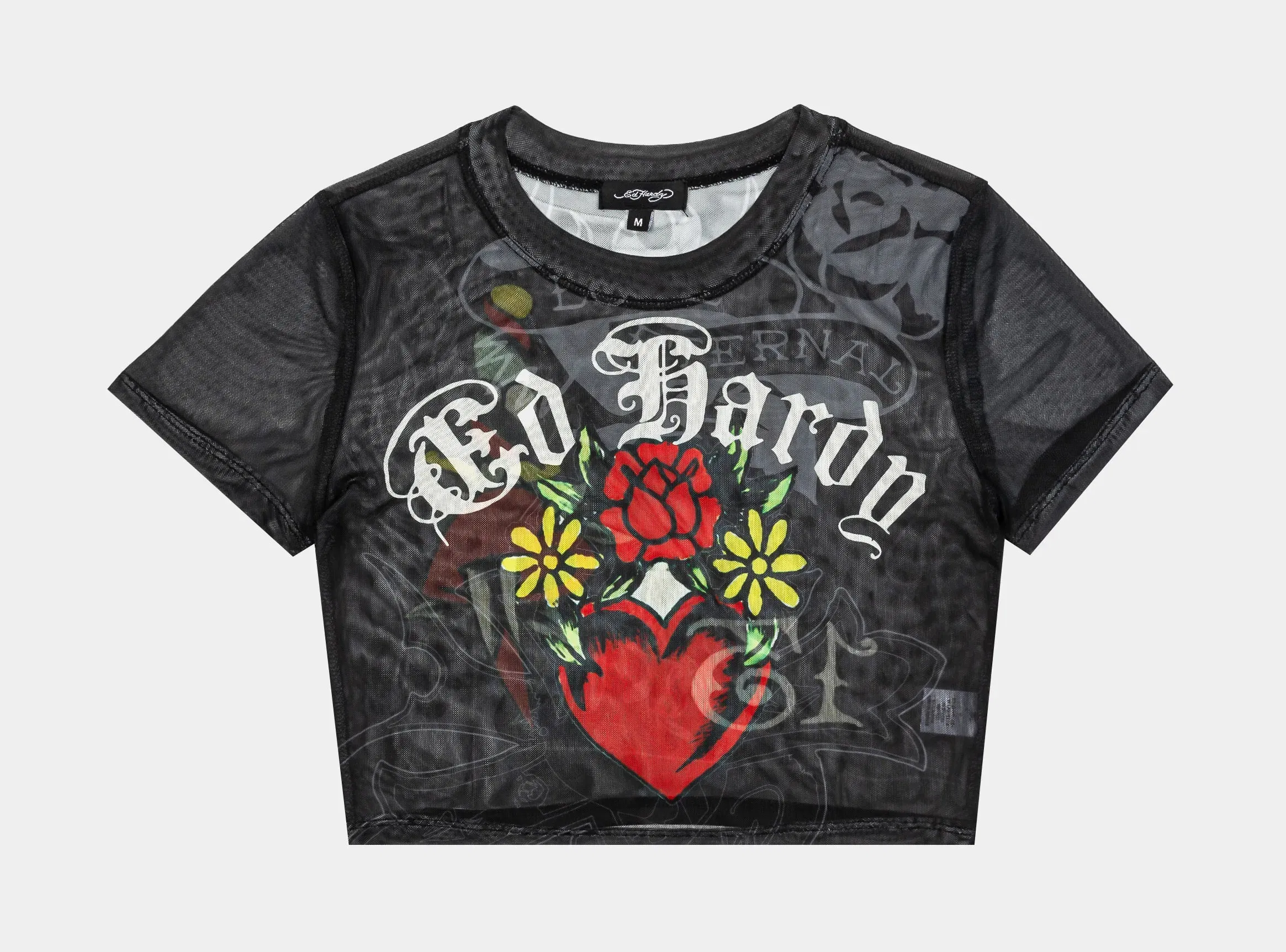 ED HARDY Heart Tiger Mesh Baby Tee Womens Short Sleeve Shirt (Black/Red)