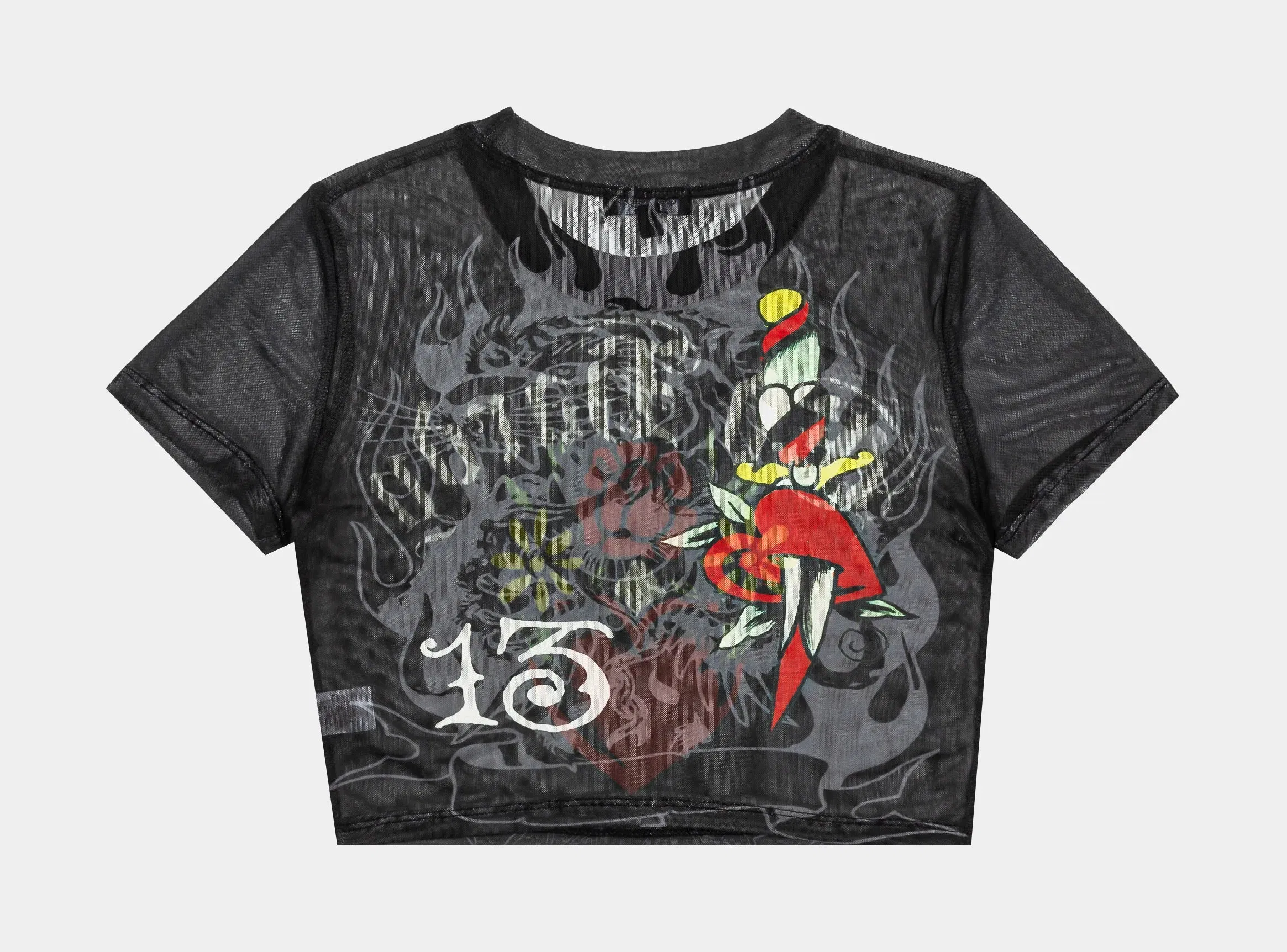 ED HARDY Heart Tiger Mesh Baby Tee Womens Short Sleeve Shirt (Black/Red)