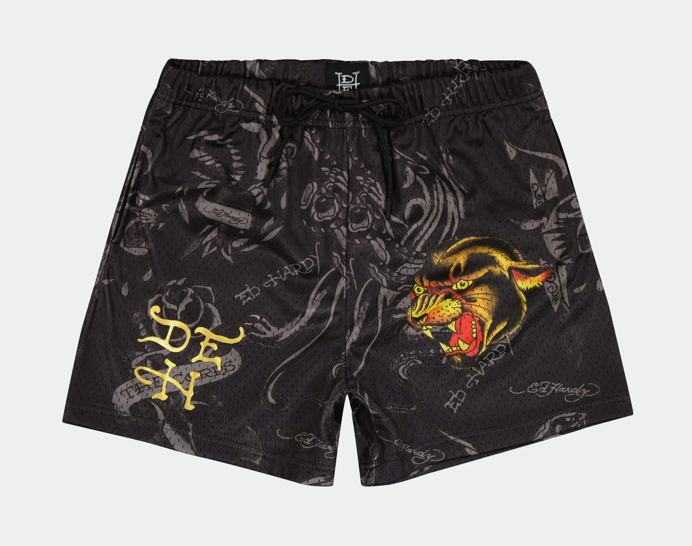 ED HARDY Panther Mesh Mens Shorts (Black/Gold)
