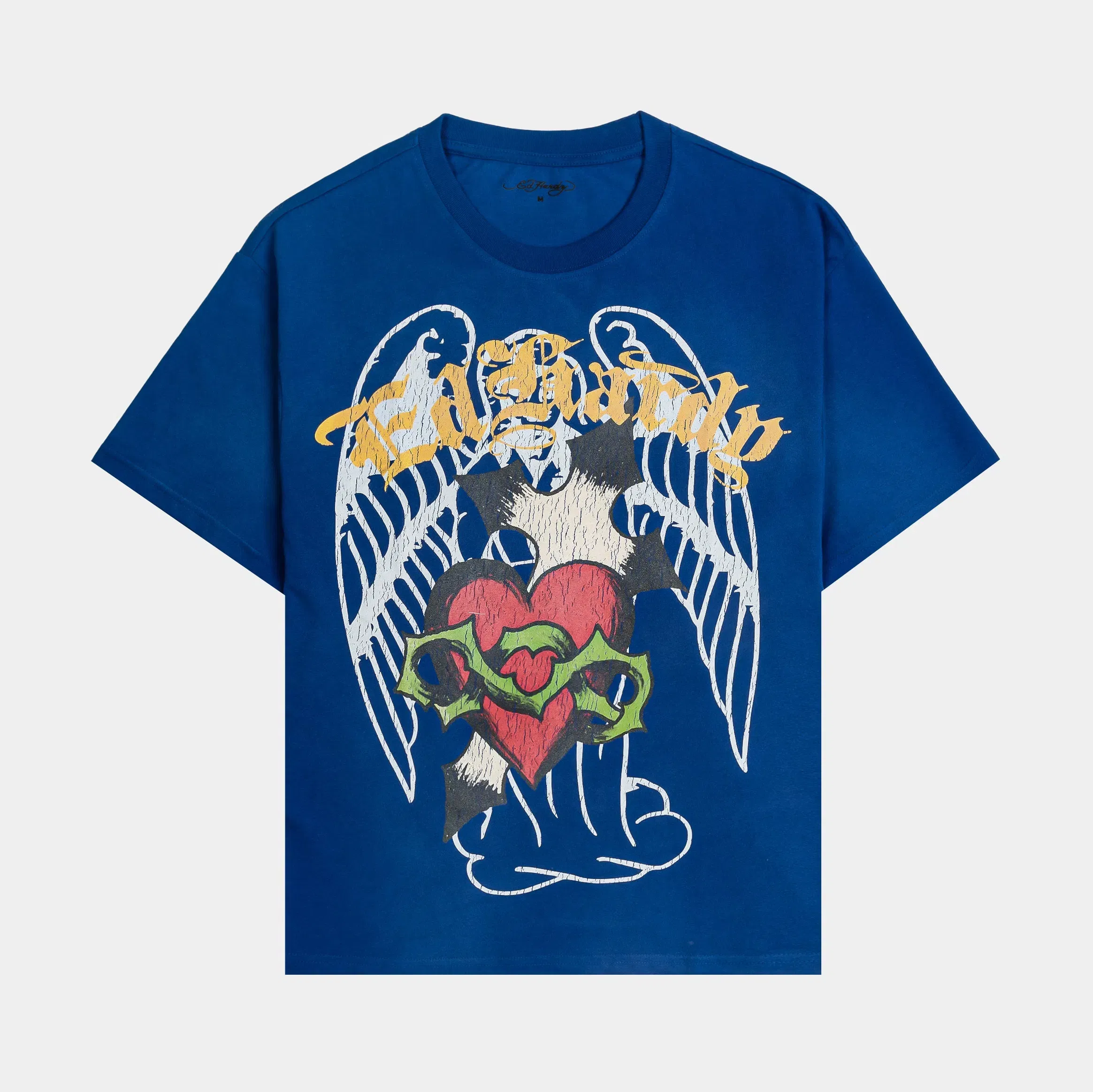 ED HARDY Sacred Heart Washed Boxy Mens Short Sleeve Shirt (Blue/Red)
