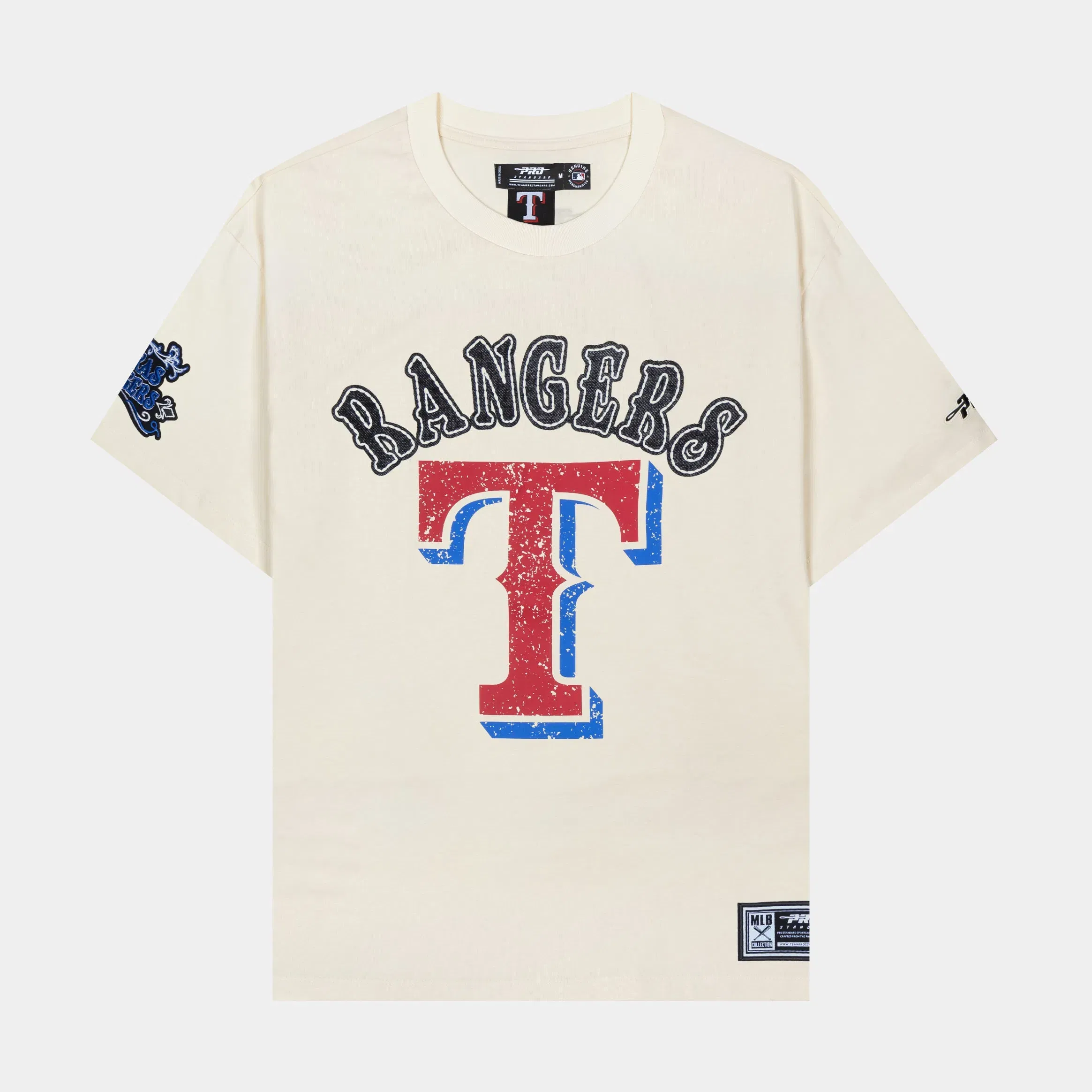 PRO STANDARD Texas Rangers Rebel Athletics Stacked Logo Mens Short Sleeve Shirt (Red/Beige)