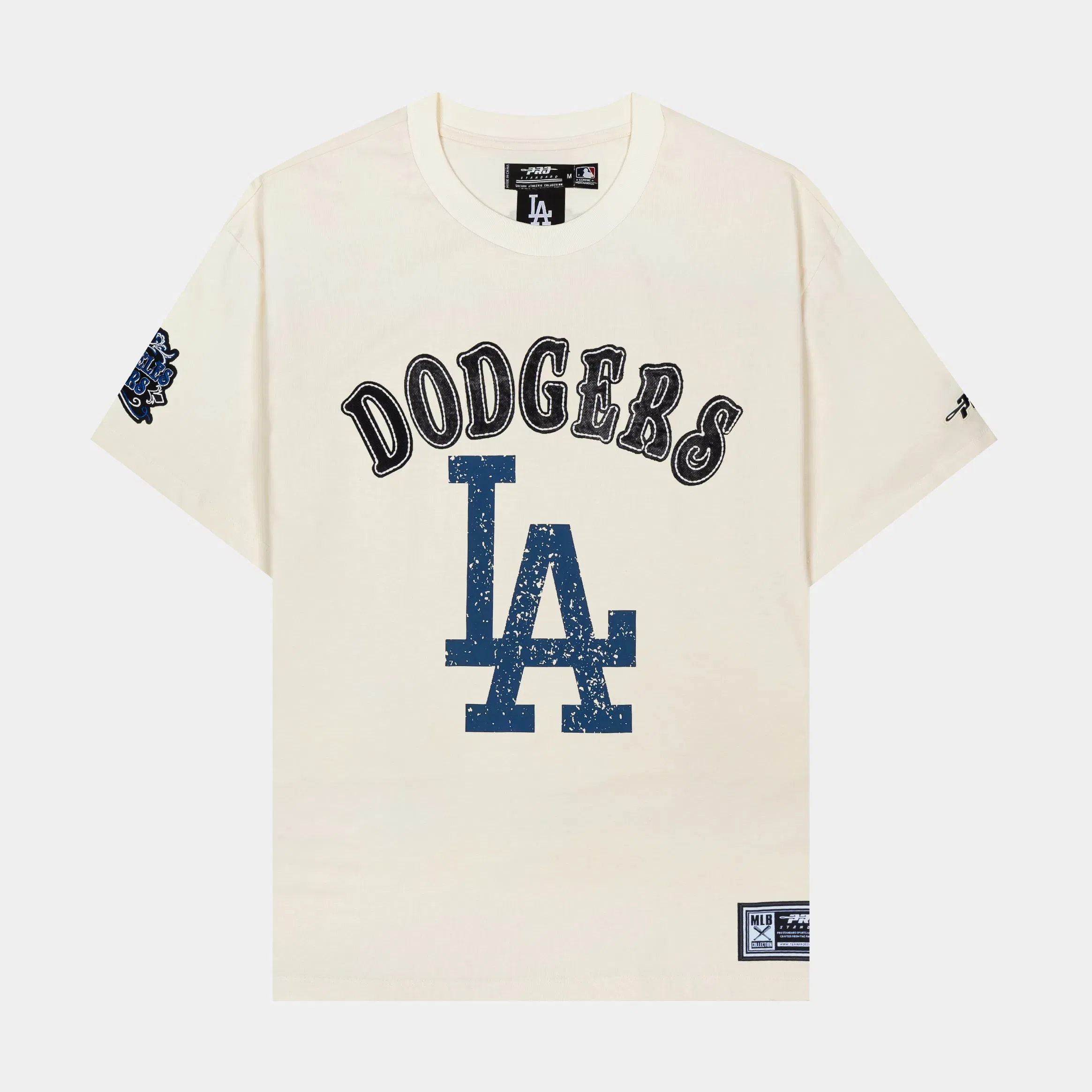PRO STANDARD Los Angeles Dodgers Rebel Athletics Stacked Logo Mens Short Sleeve Shirt (Blue/Beige)