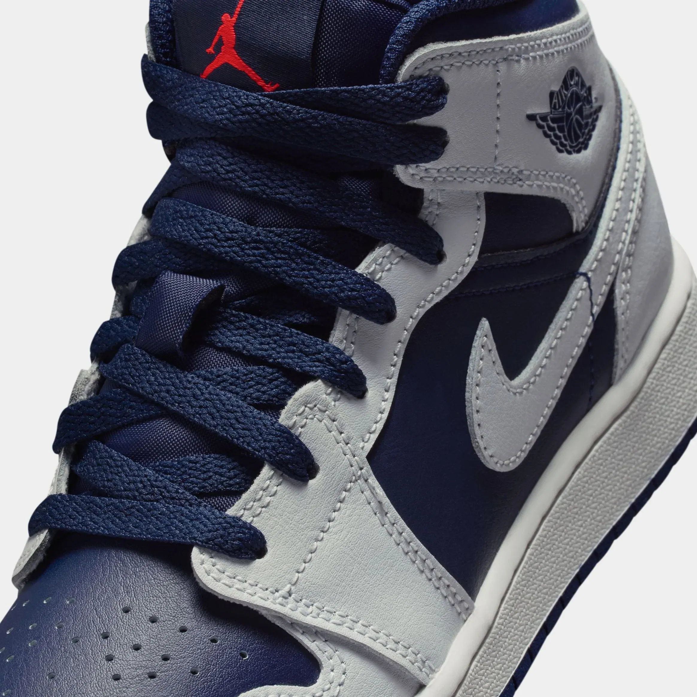 Air Jordan 1 Mid Grade School Lifestyle Shoes ( Blue Void/Summit White/Hot Lava/Pure Platinum)