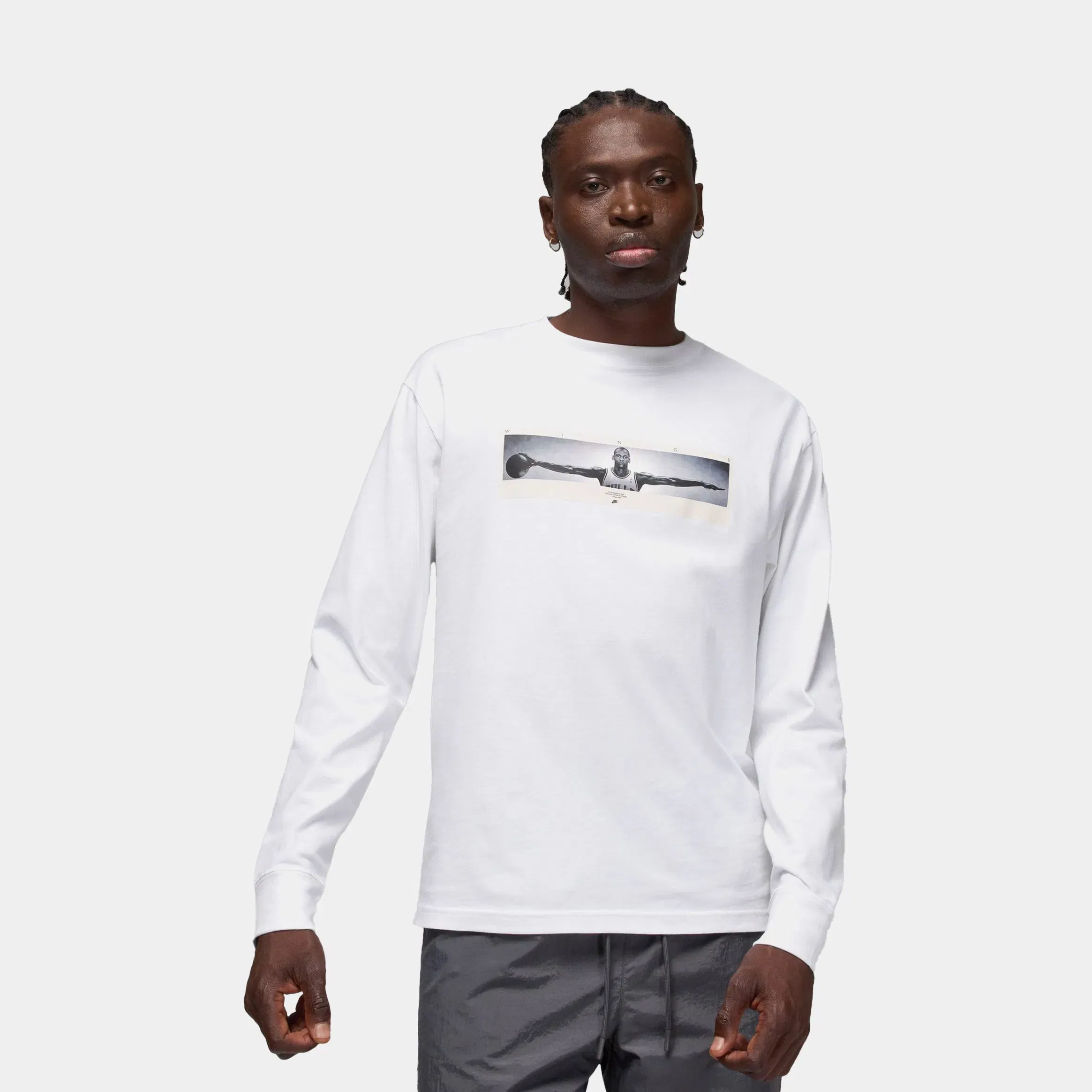 Air Jordan MJ Wings Brand Photo Mens Long Sleeve Shirt (White/Black)