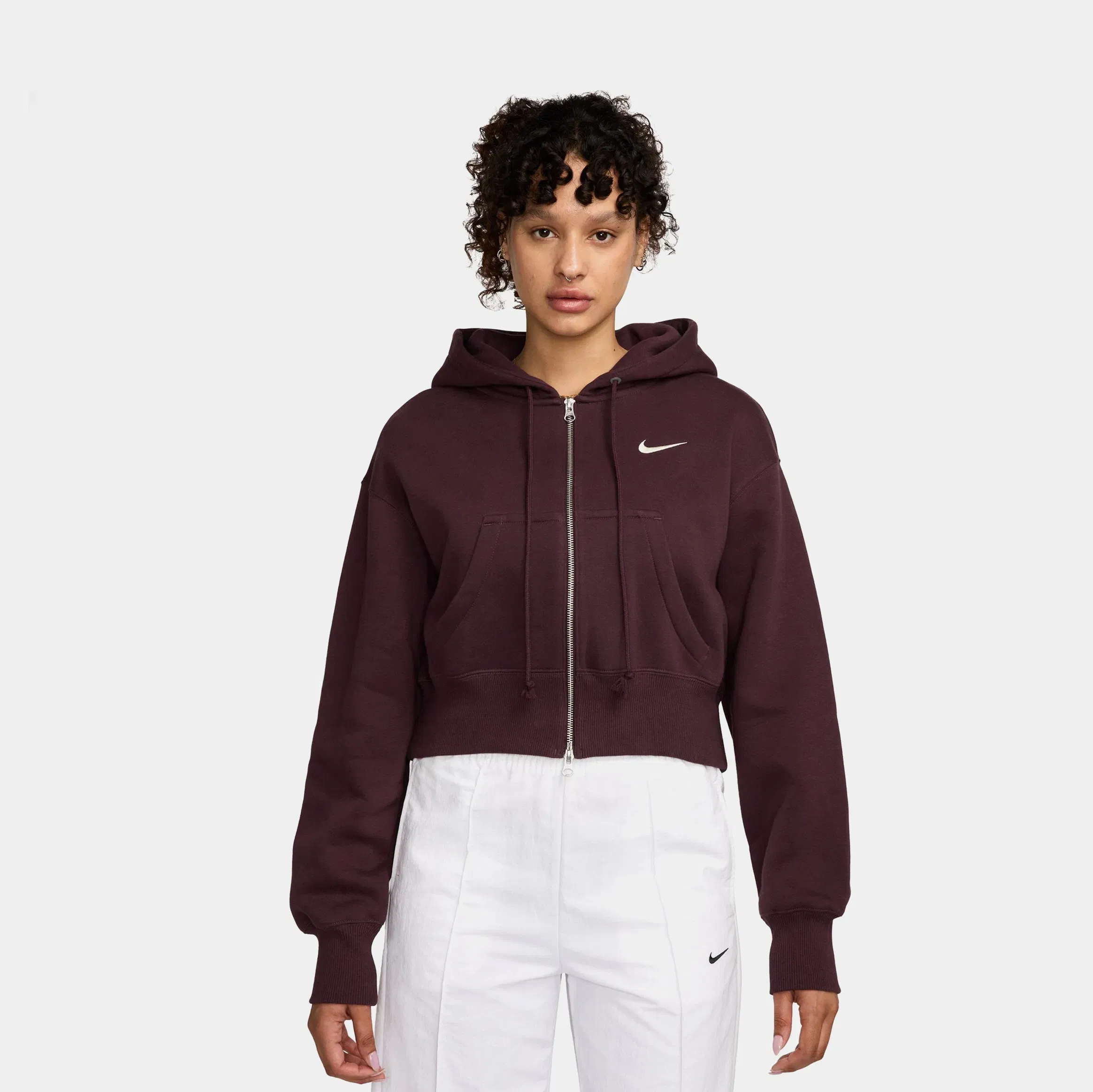 Nike NSW Phoenix Fleece Loose Full Zip Cropped Womens Hoodie (Burgundy Crush/Sail)