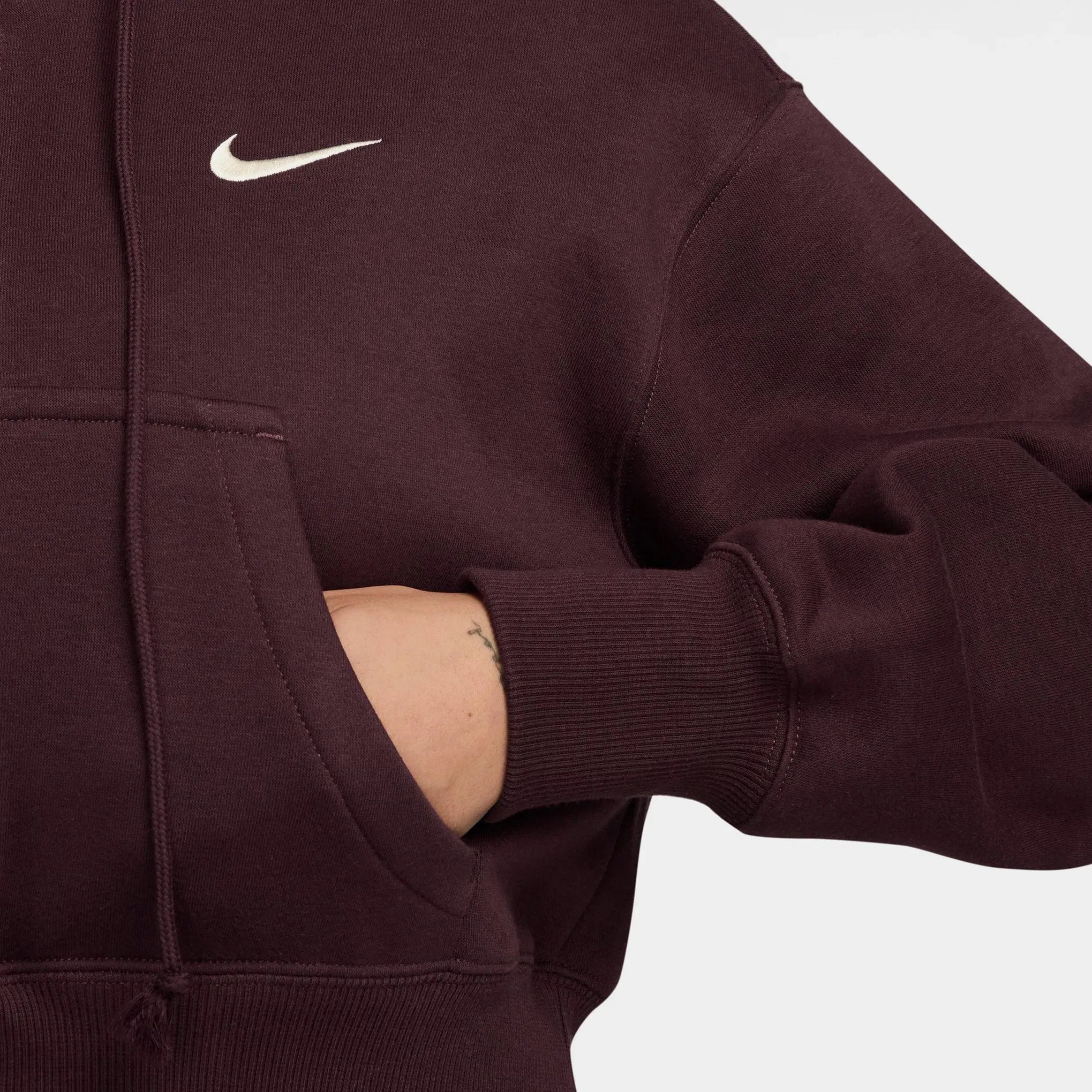 Nike NSW Phoenix Fleece Loose Full Zip Cropped Womens Hoodie (Burgundy Crush/Sail)