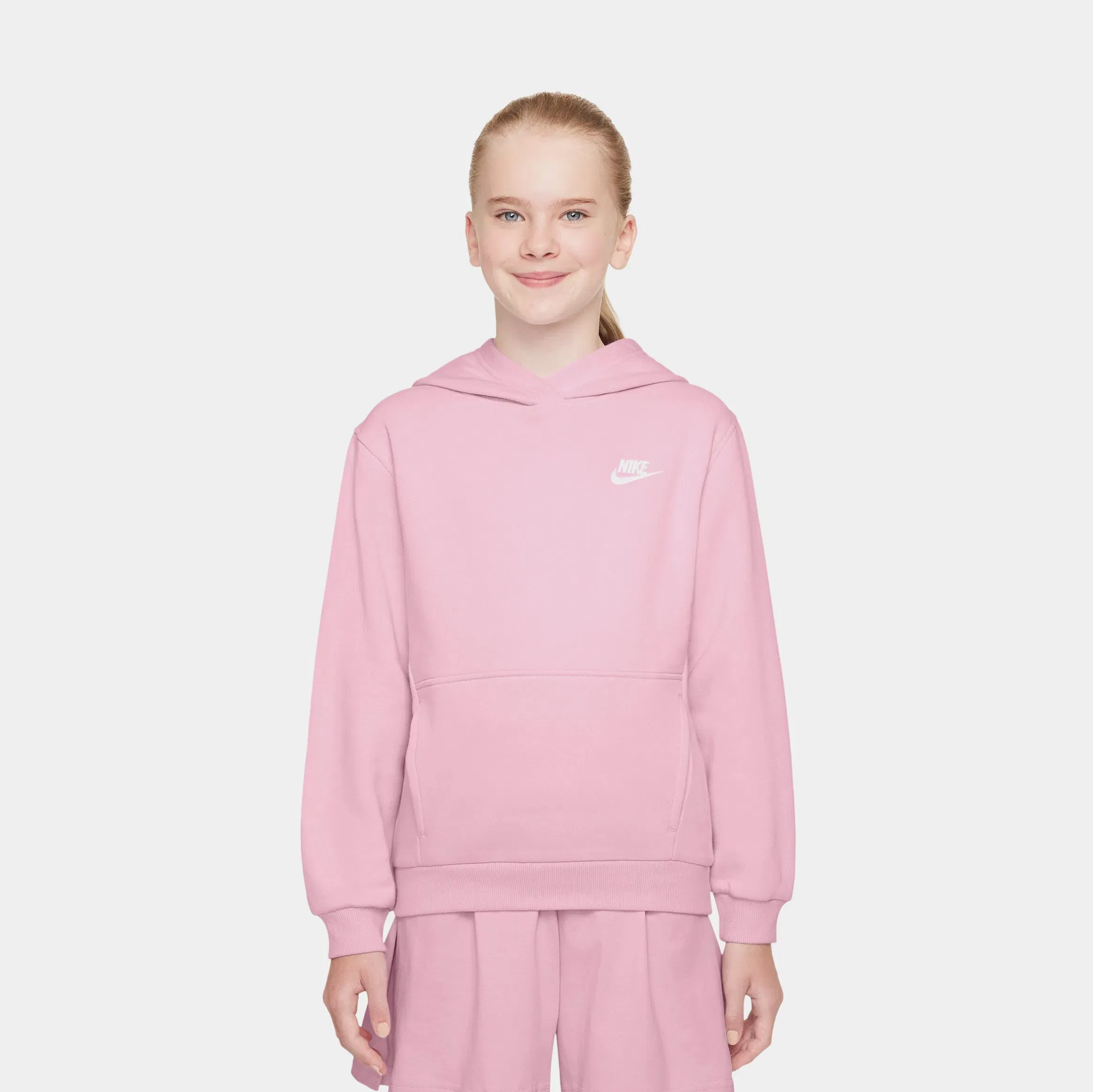Nike NSW Club Fleece Pullover Grade School Hoodie (Medium Soft Pink/White)