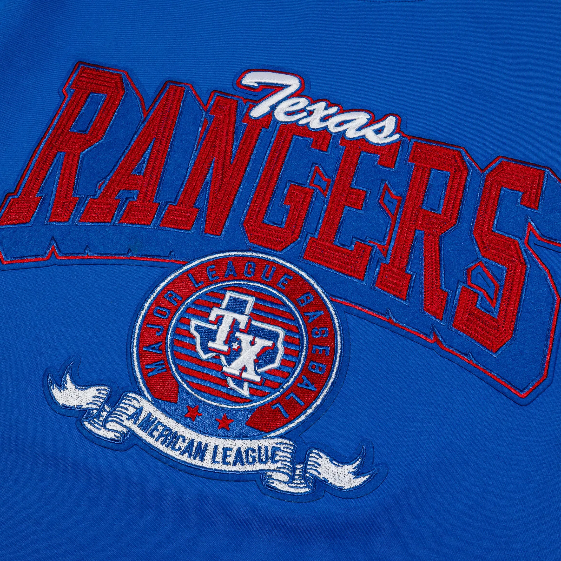 PRO STANDARD Texas Rangers Team Badge Mens Short Sleeve Shirt (Blue/Orange)