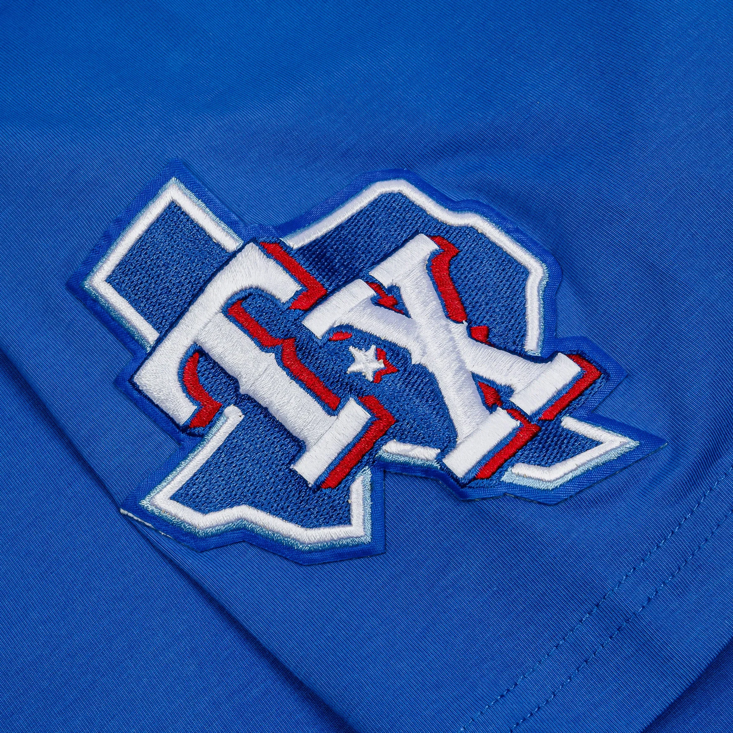 PRO STANDARD Texas Rangers Team Badge Mens Short Sleeve Shirt (Blue/Orange)